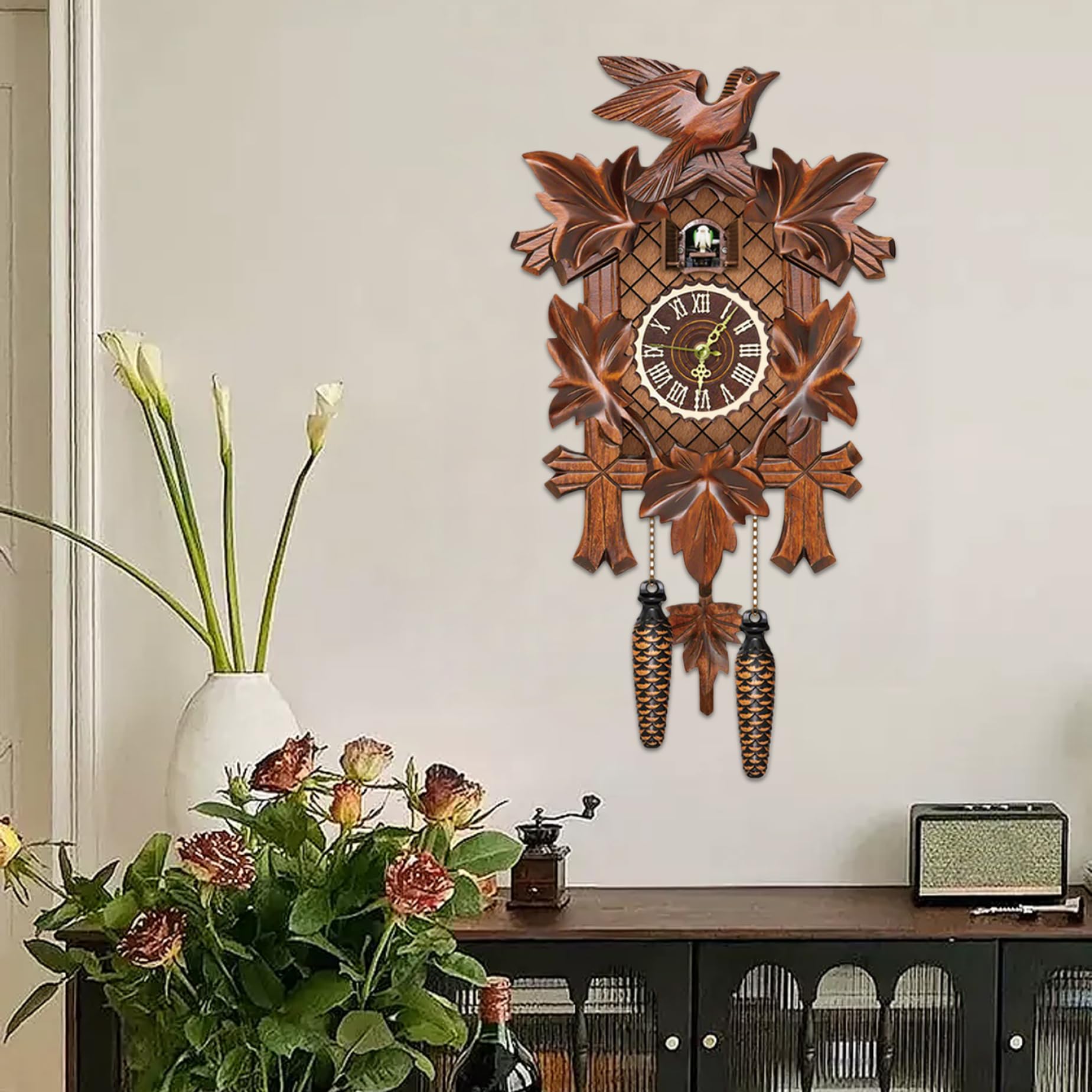 Horloge à Coucou avec Pendule d'oiseau de Travail, Horloge Murale, horloges à Coucou en Bois pour Mur Coo Coo avec Mode Nuit pour Salon, Chambre Coucher, Pendule de Pendaison crémaillère