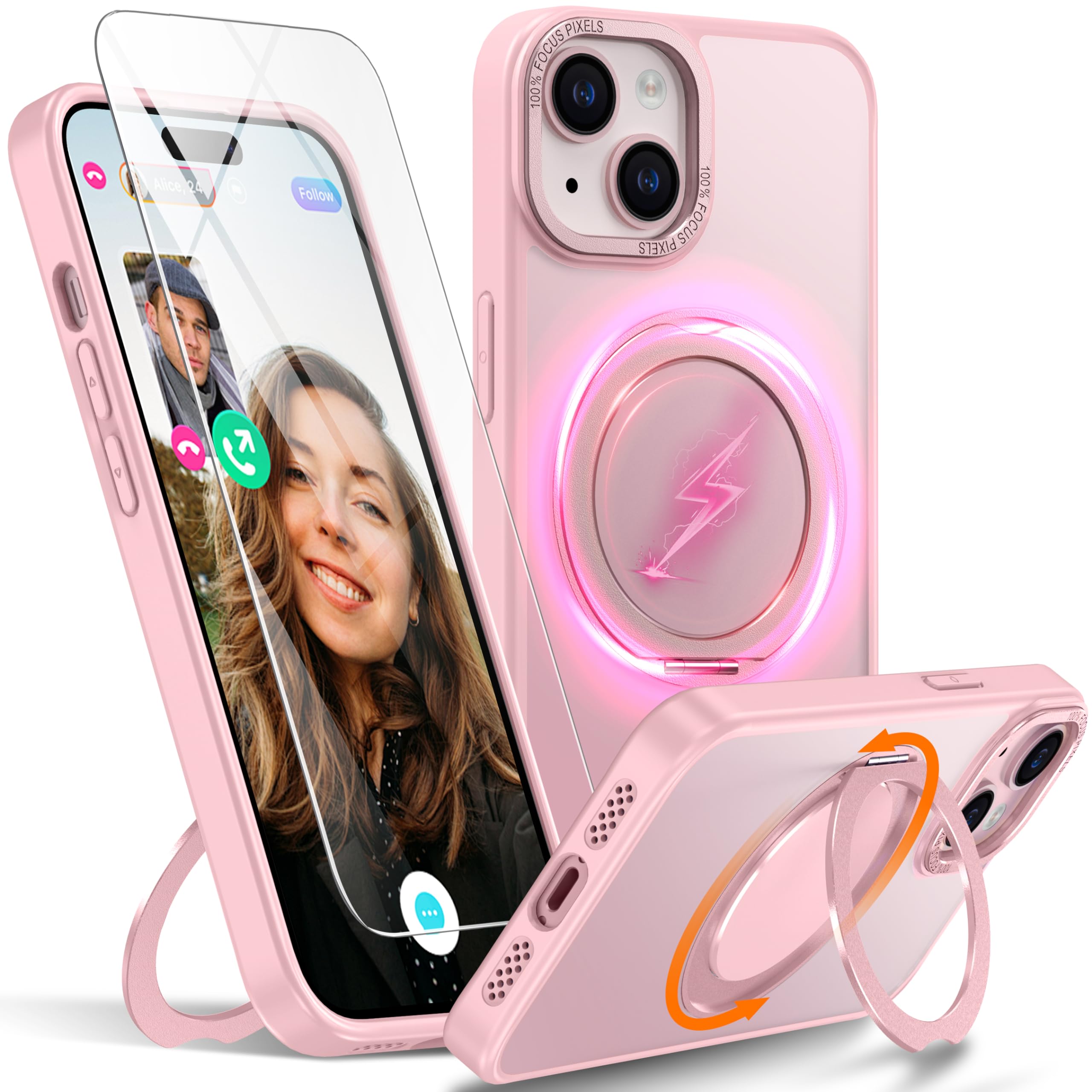 Oneagle for iPhone 13/14 Case, Translucent, 360 Rotatable Magnetic Ring Stand with Rotary Damping Sound, Compatible with MagSafe, iPhone 13/14 Phone