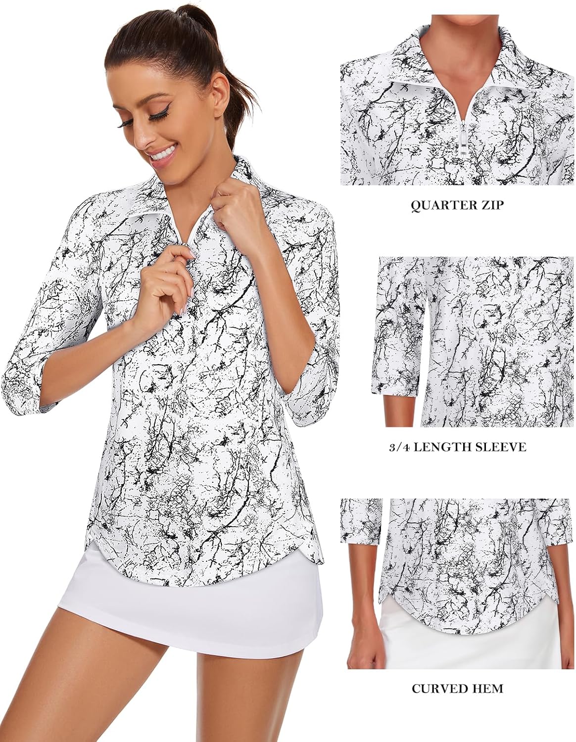 Tanst Sky Womens Golf Polo Shirts Zipper 3/4 Sleeve Moisture Wicking Tops UPF 50+ Workout Tennis Apparel - Image 3
