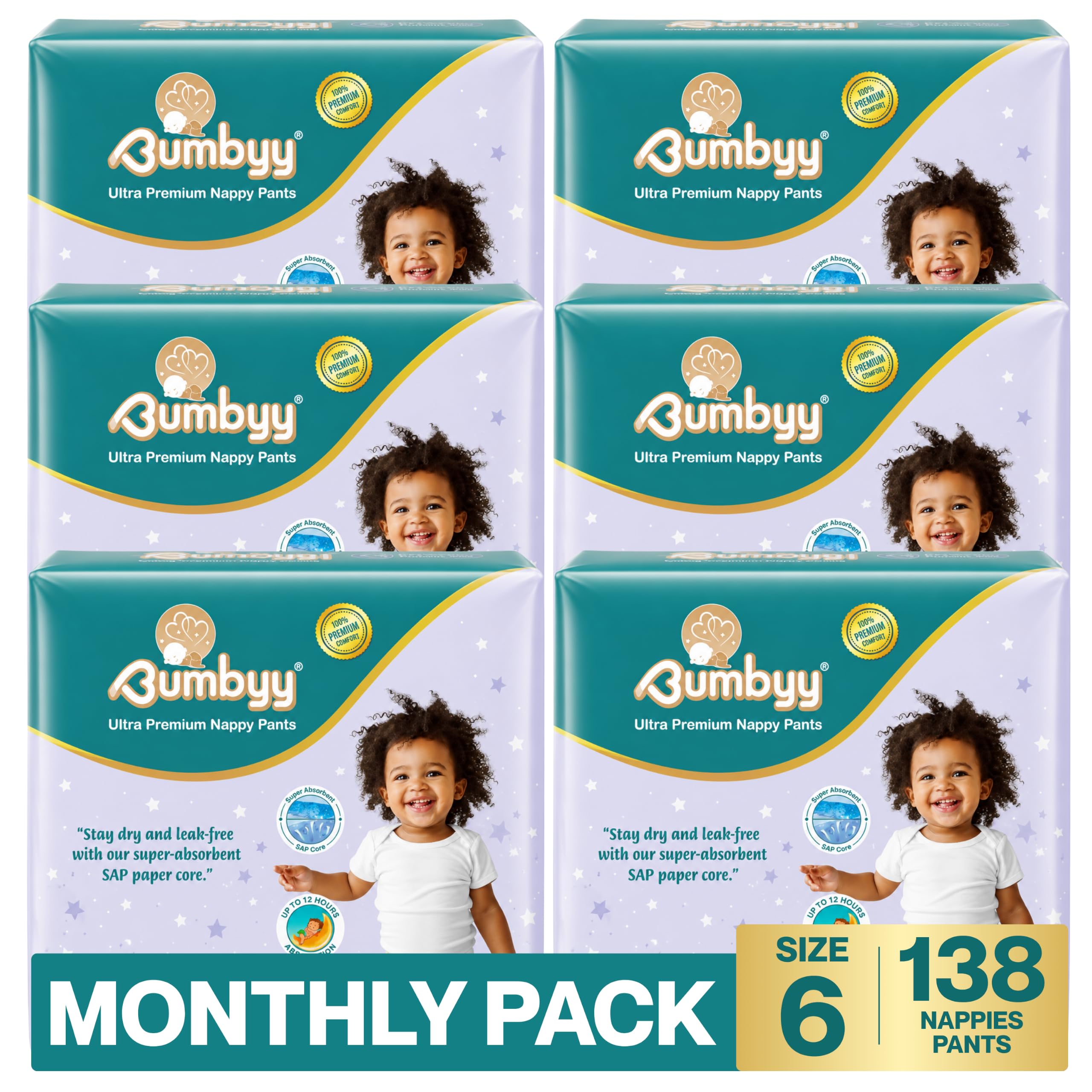 Premium Nappy Pants - Pañales para bebé talla 6 (13-18 kg), paquete de ahorro de 138 unidades con núcleo de SAP ultra absorbente, sin químicos y dermatológicamente probados, dominadas suaves y