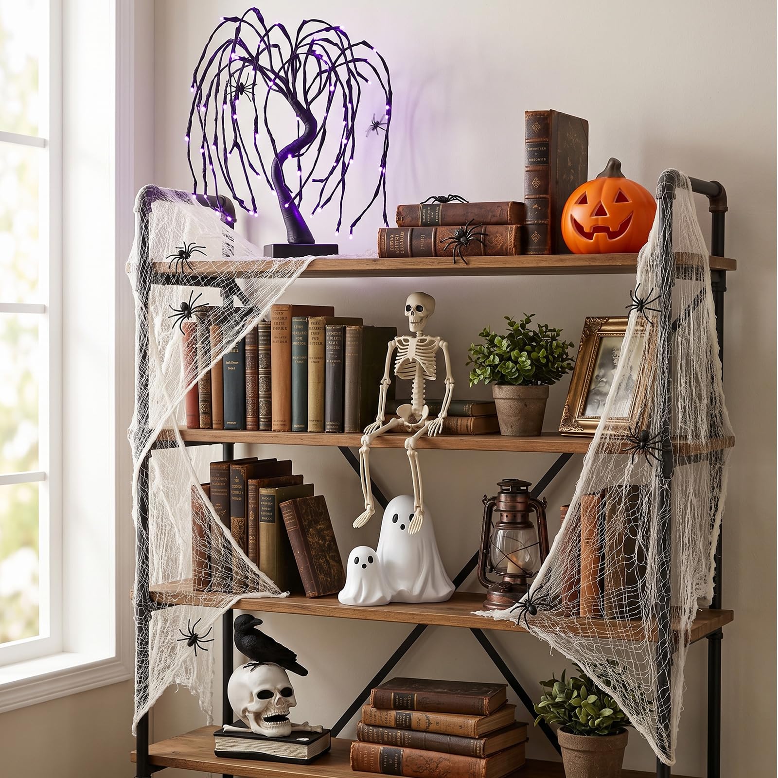 Woanger Juego de 34 decoraciones de Halloween de 20 pulgadas, luz LED púrpura de sauce, esqueleto, cuervo, calavera, estatua, fantasma, figuras de calabaza, telaraña con arañas para Halloween