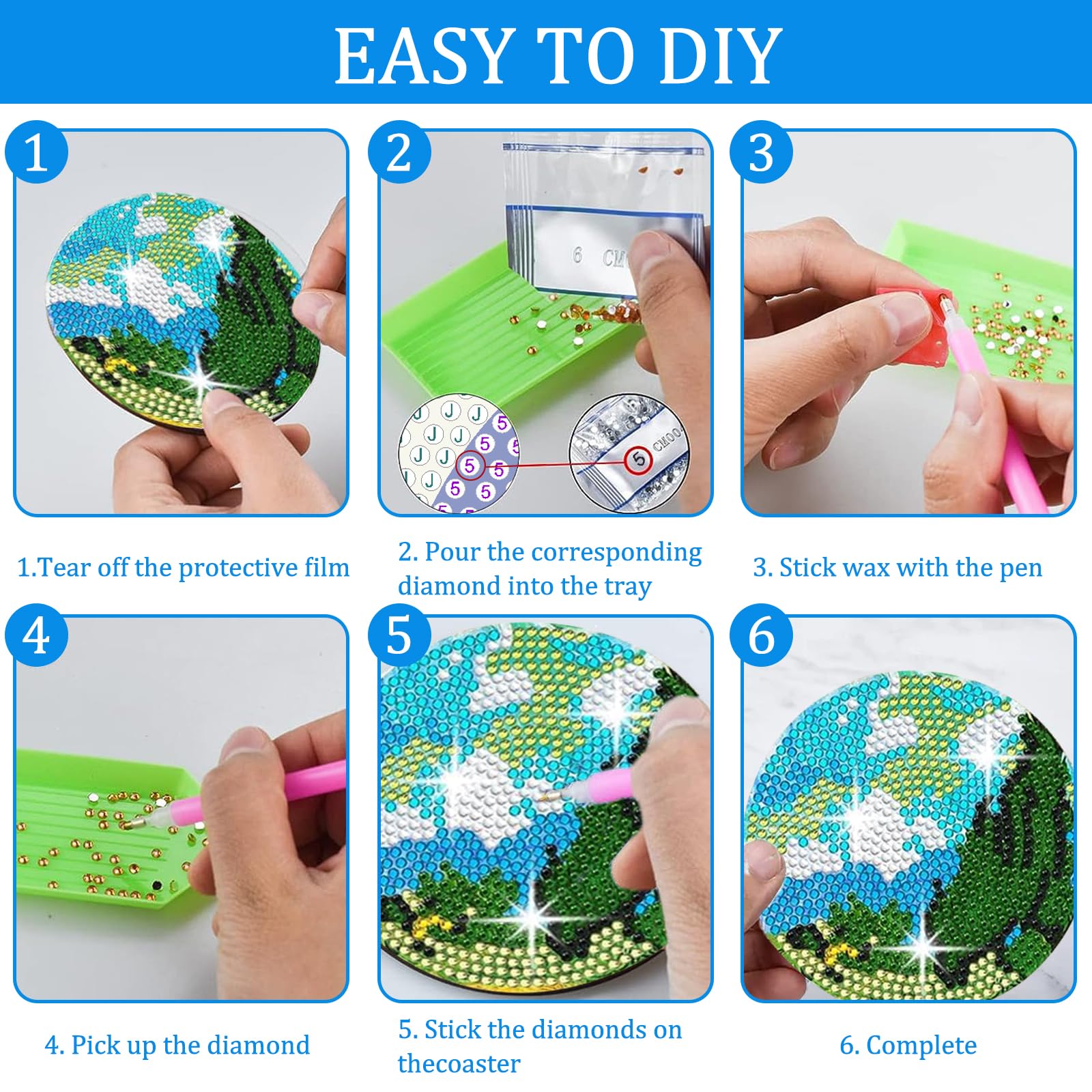 HTTDSLF 8 Pezzi Diamond Painting Coasters Kit con Holder, Diamond Painting Kit, Pittura Diamante Cielo Stellato per Bambini DIY, per Principianti, Adulti e Bambini, Sottobicchieri per Bevande