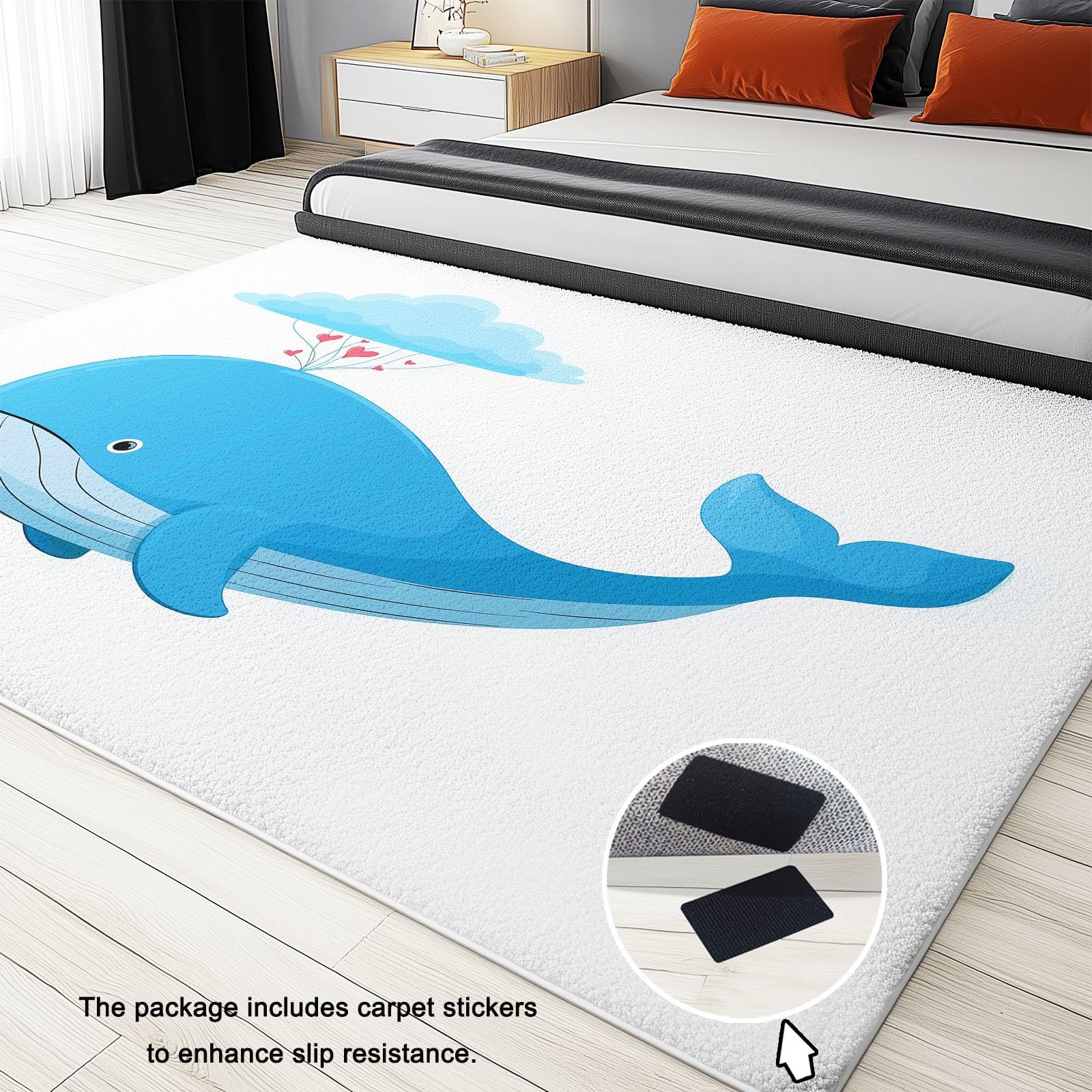 Tappeto - fondo antiscivolo - lavabile - morbido Pelo Corto Tappeti, 80 x 150 cm per camera da letto camera dei bambini ufficio sala da pranzo, Balenottera Azzurra Nuvole Forma Cuore Vapore Bianco