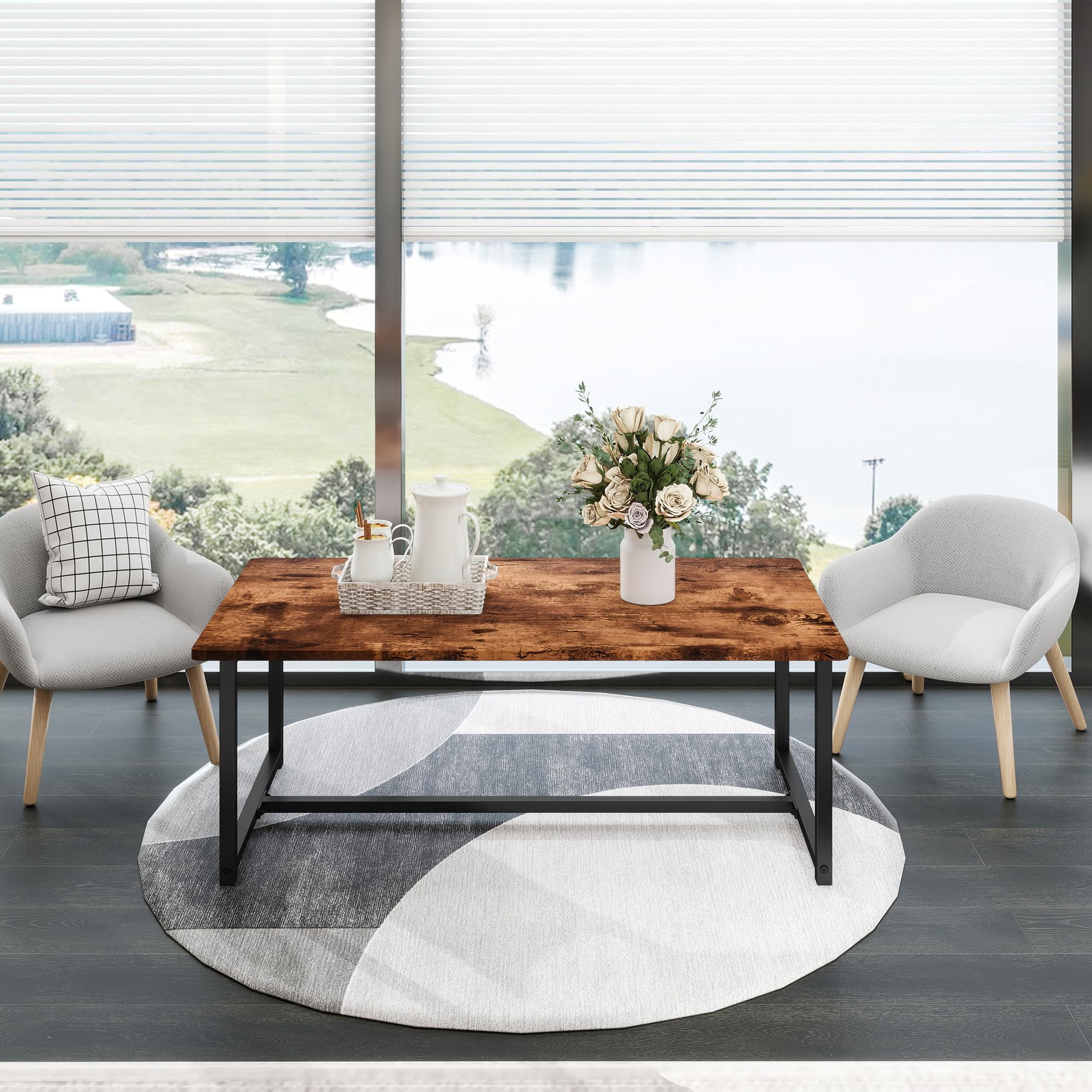 Mesa de café vintage, 90 x 45 x 42 cm, mesa auxiliar de sofá, mesa de salón con espacio de almacenamiento, mesa auxiliar de metal, marco de metal con estante, fácil de montar (marrón)