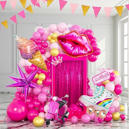 Kit de arco de guirnalda de globos de color rosa intenso y dorado, 140 unidades de color rosa magenta intenso con globos dorados cromados y globos