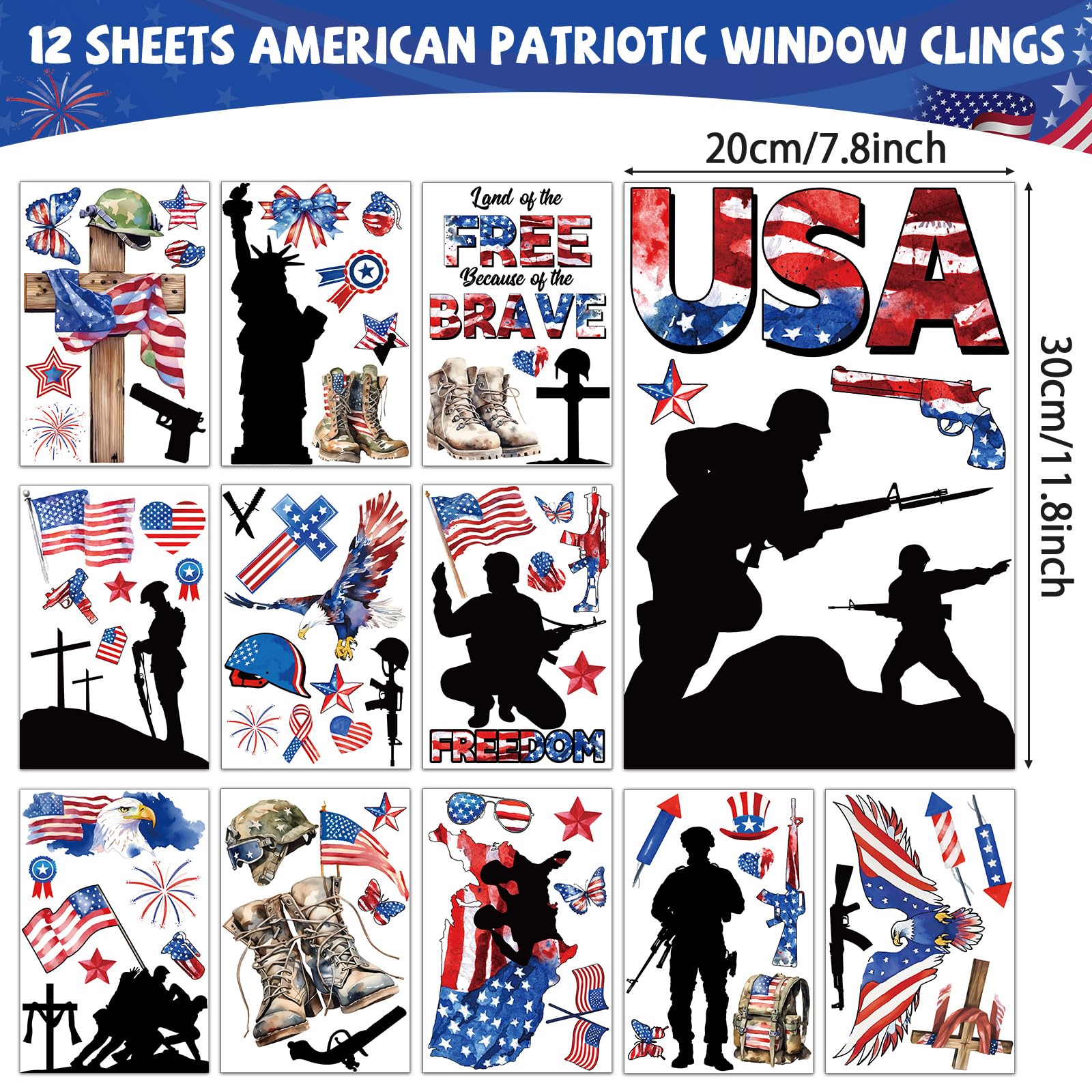 gisgfim America Patriotic Window Clings Decoration 4th of July Window Stickers Veterans Memorial Day Window Decals Land of Free USA Flag Cross Military Soldier Boots Sticker for Home Party Supplies