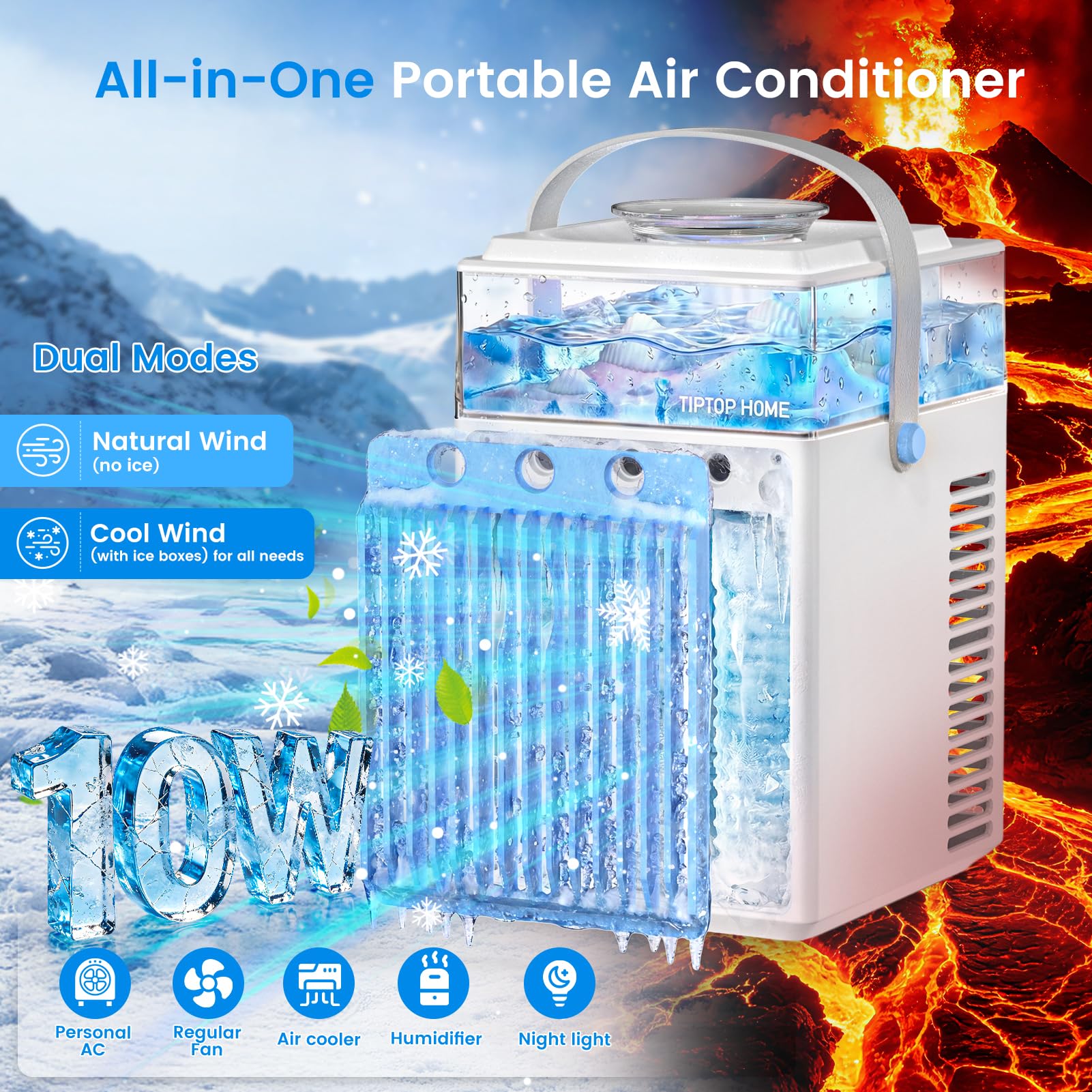Aire Acondicionado Portátil Sin Tubo 5 en 1, Mini Aire Acondicionado Portátil, Climatizador Evaporativo con Control APP, 3 Velocidades, 3 Modos Niebla, Temporizador, Ventilador con 6 Cubiteras Hielo