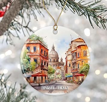 Rome Watercolor Ornament - Gift for Italy Lover, Keepsake, Travel Souvenir, Honeymoon or Housewarming - Xmas Ceramic Ornament Printed on Both Sides