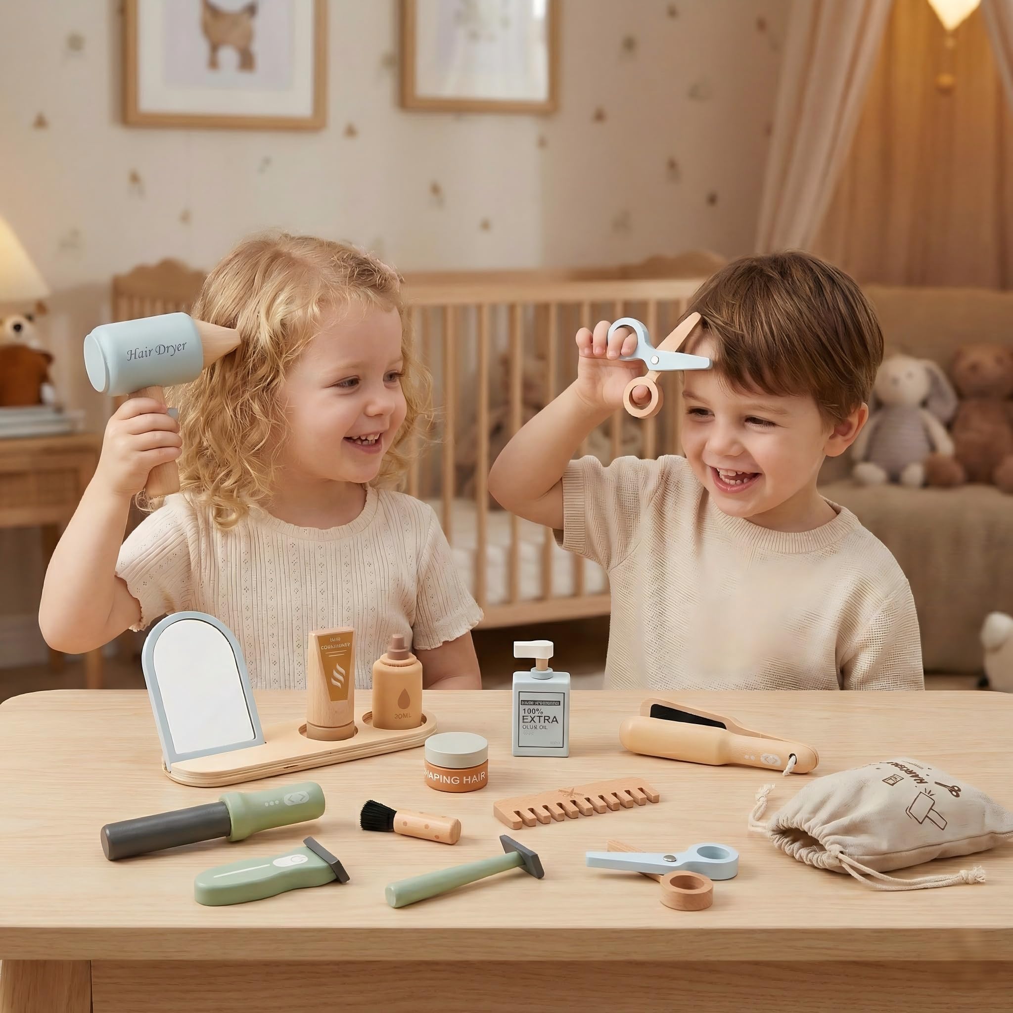 FIIOEOY Holz Friseur Set Kinder, Frisör Spielzeug mit Haartrockner, Lockenstab, Kamm & Rasierzubehör, Friseur Zubehör Rollenspiel Holzspielzeug Geschenk für Mädchen Jungen ab 3 4 5 Jahre