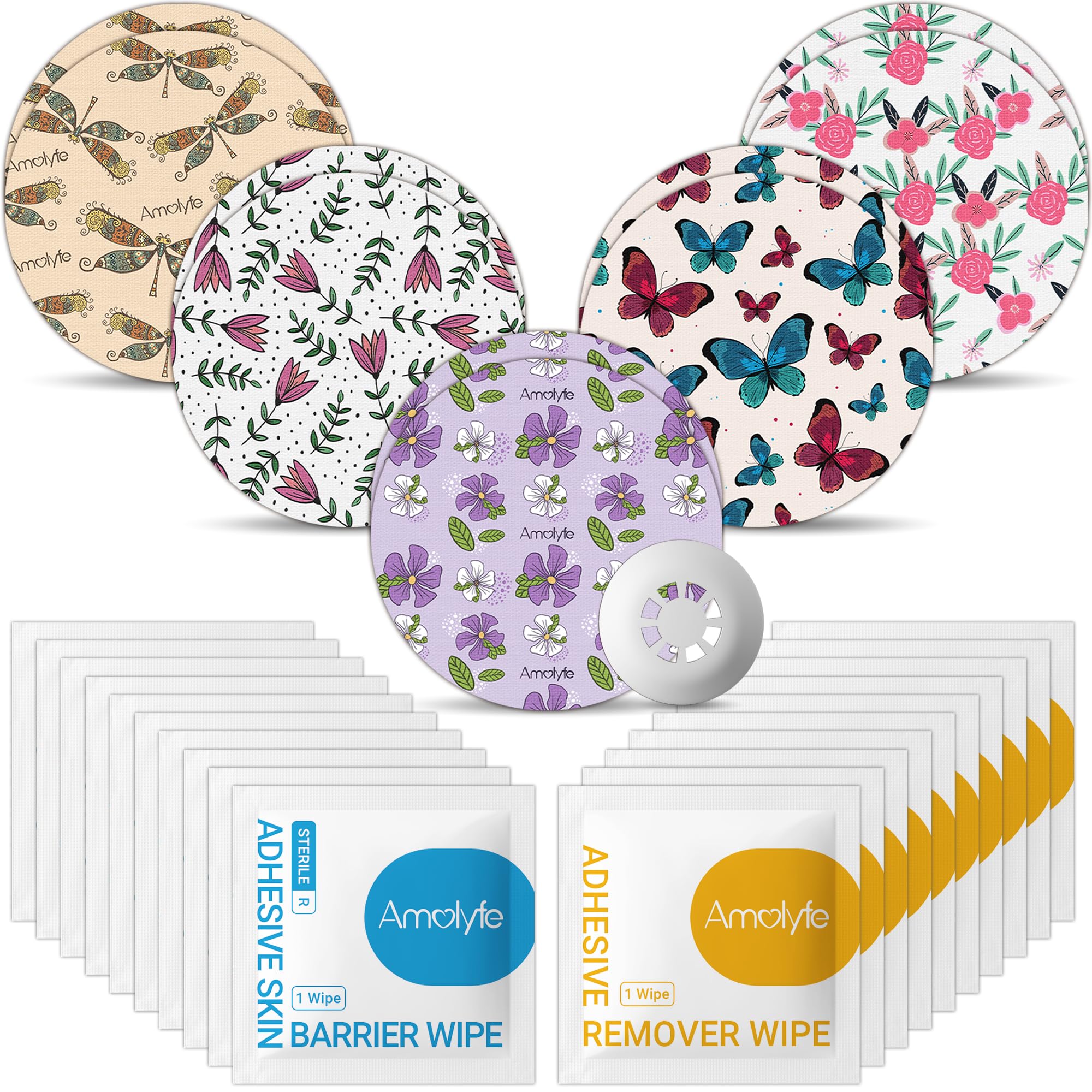 Libre 3 Sensor Covers Solution Kit - 10 Pack Libre 3 & Plus Covers Waterproof, 10 Skin Barrier Wipes & 10 Adhesive Remover Wipes for Enhanced Adhesion & Skin Protection (Flower)