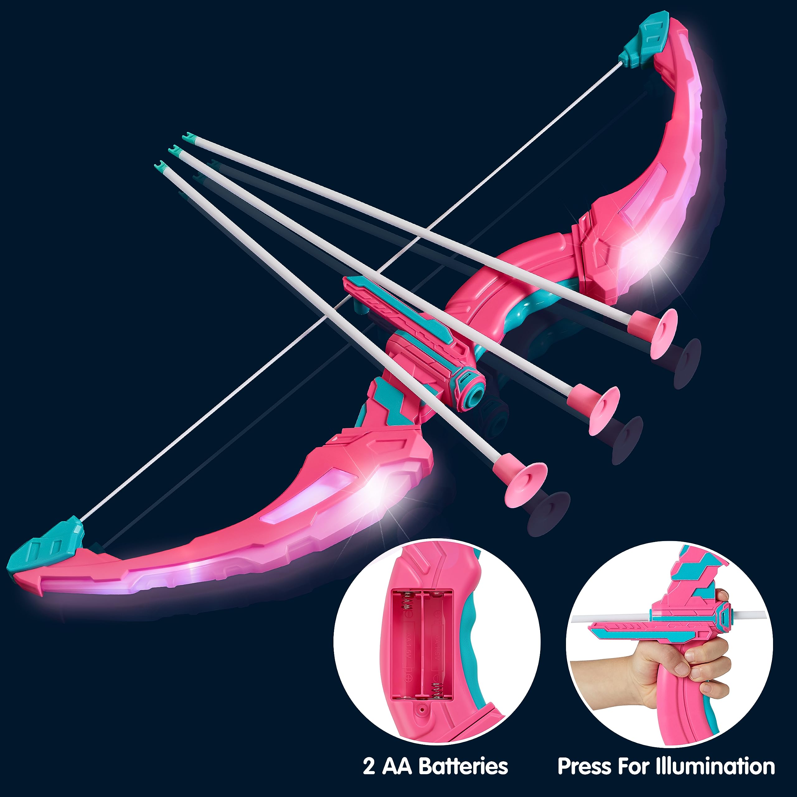 JOYIN Set con frecce e arco per bambini di 6 anni, con illuminazione a LED, con frecce a ventosa, bersaglio e custodia per frecce, giocattolo per interni ed esterni, per bambini e ragazzi (rosa)