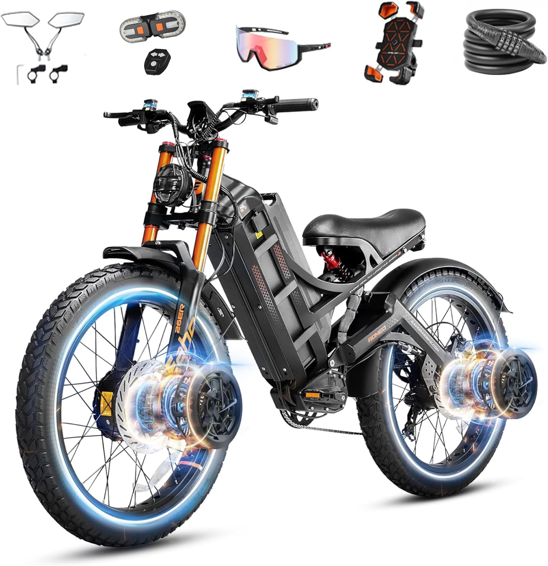 2026 Romeo Pro 3 6000W 52Mph High-Torque Ebike, 60V 80Ah 300 Mile Long Range Electric Bike for Adults, Adjustable Air Suspension, 26'' Puncture-Proof Tire, UL 2849 Certified by TÜV