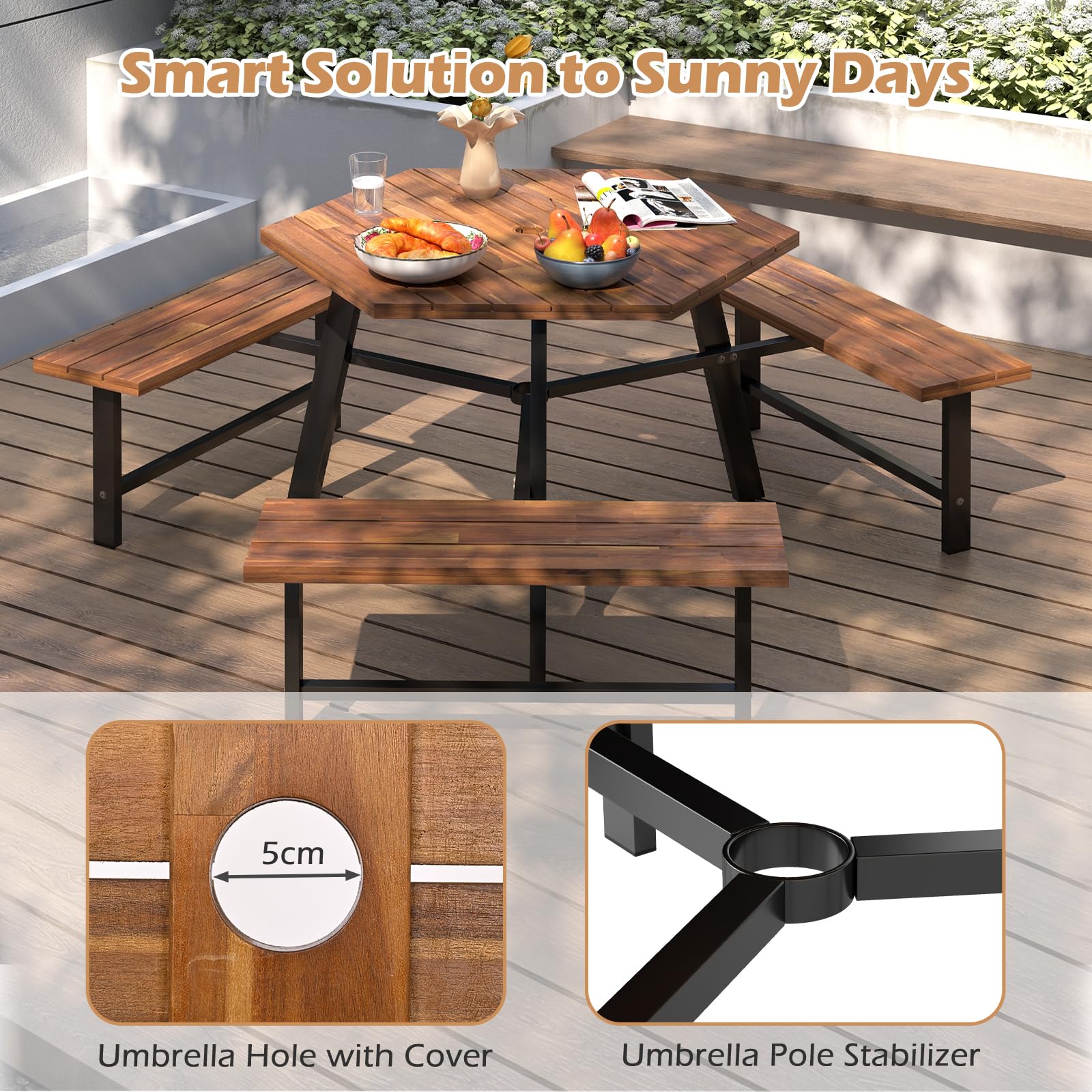 KOMFOTTEU Set di mobili per 6 persone, set da picnic in legno di acacia con foro per ombrellone, set da tavolo e 3 panche per giardino, terrazza, 191 x 165 x 70 cm