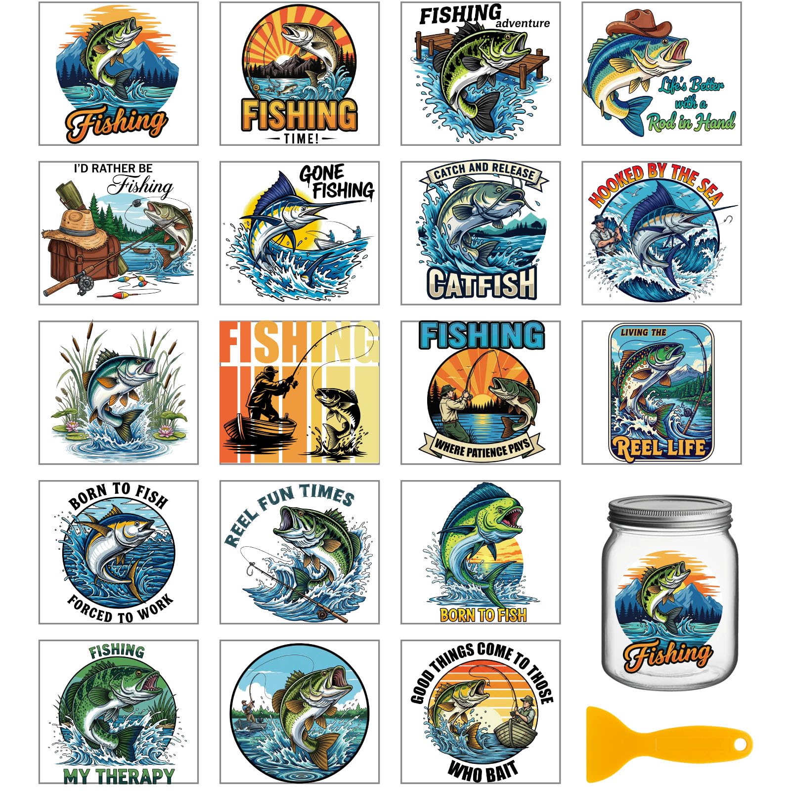 GLOBLELAND 18 Sheets Vintage Fishing Bass Rub on Transfers Sticker for Crafts 3.9x3.6inch Tuna UV DTF Cup Wraps Decals Stickers Marine Fish Transfer Decal for Glass Bottle Decors
