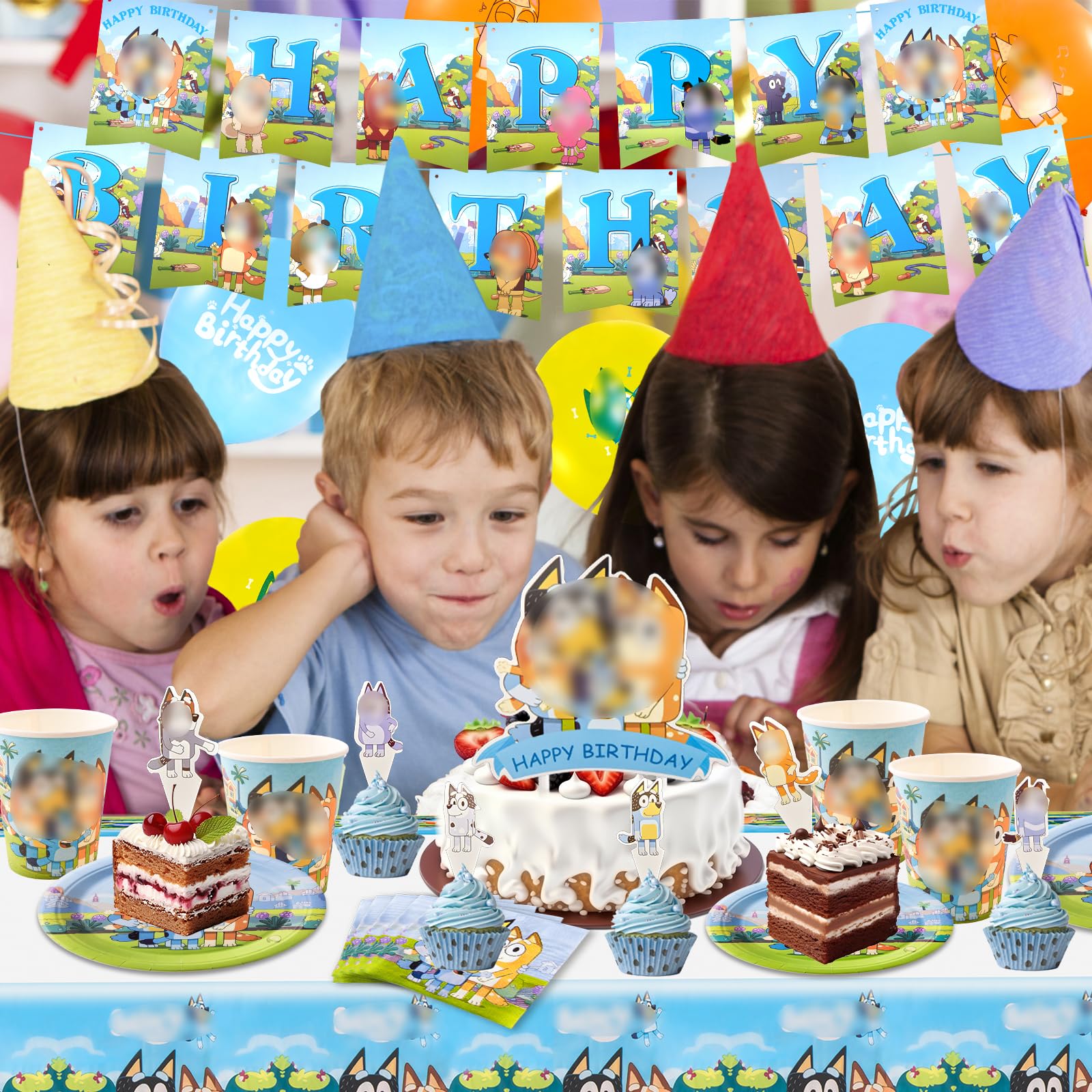 101 Pezzi Blue Decorazione di Compleanno, Set di Stoviglie con Piatti Tovaglie Tovaglioli Palloncini, Decorazioni per Feste di Compleanno per Bambini e Ragazze