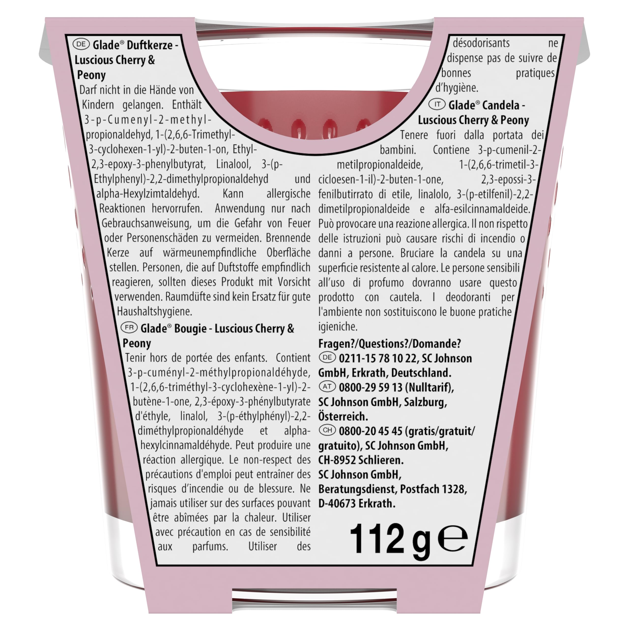 Glade Duft-Kerze im Glas, Luscious Cherry & Peony, bis zu 27 Stunden Brenndauer, 6er Pack (6 x 112g)