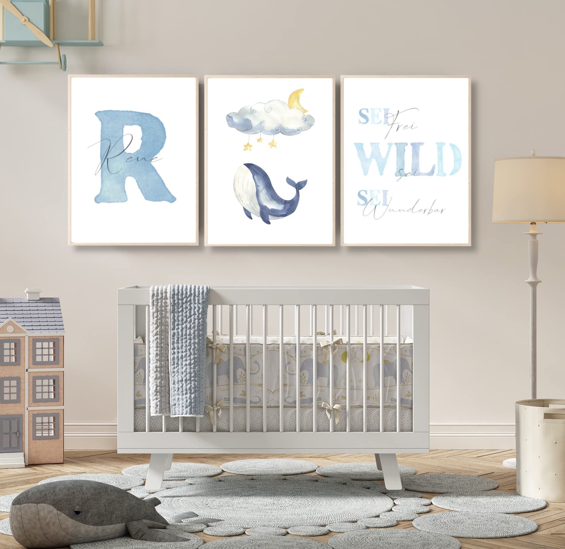 Pandawal Kinderzimmer Bilder mit Spruch und Name Wal 3er Poster- Set für Mädchen und Junge Wandbilder