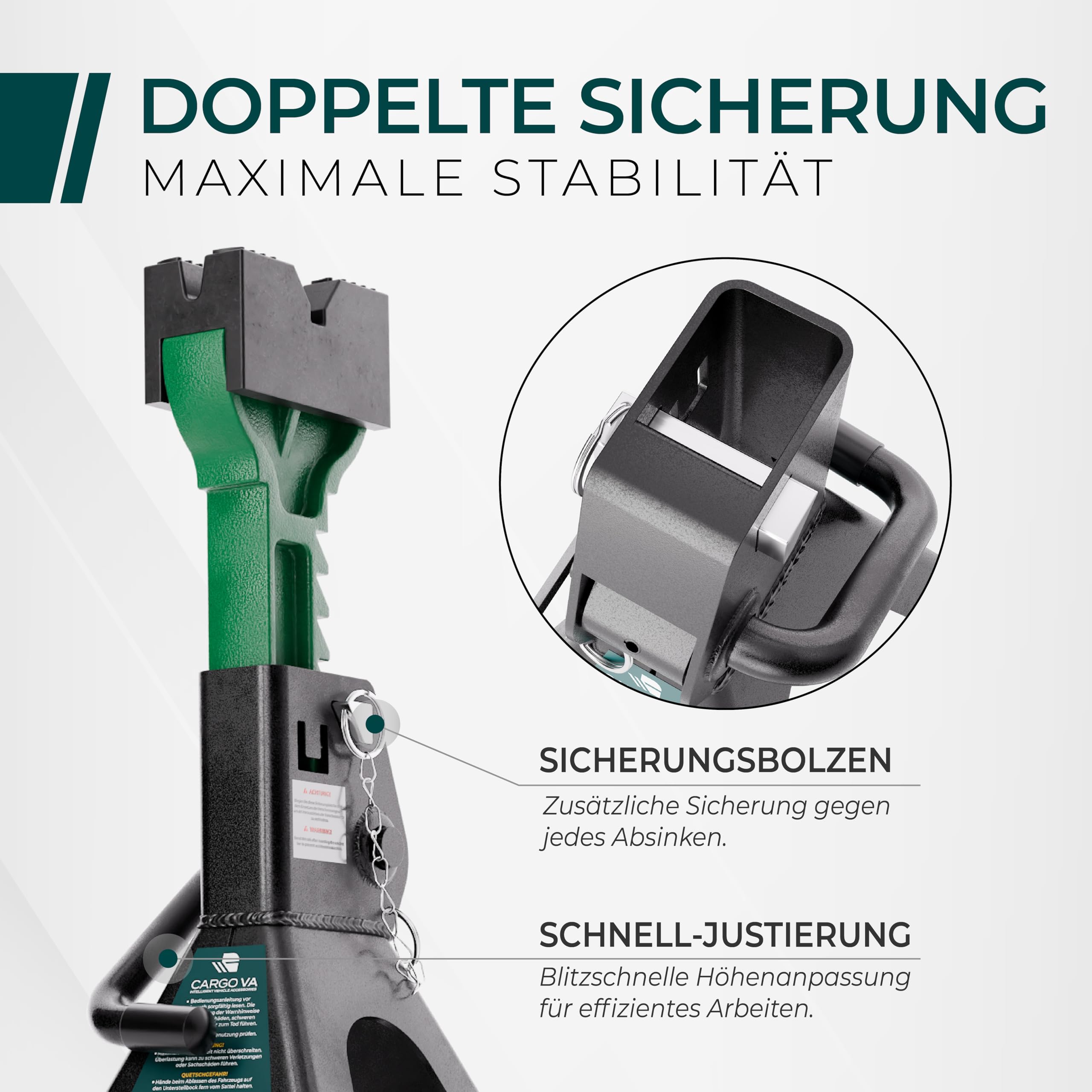 CargoVA® Unterstellbock 3T [2er Set] mit Gummiauflage – TÜV GS Geprüft & Höhenverstellbar (300-444mm) – 3000kg Unterstellböcke KFZ mit Doppel-Sicherung – Auto Böcke für PKW & SUV