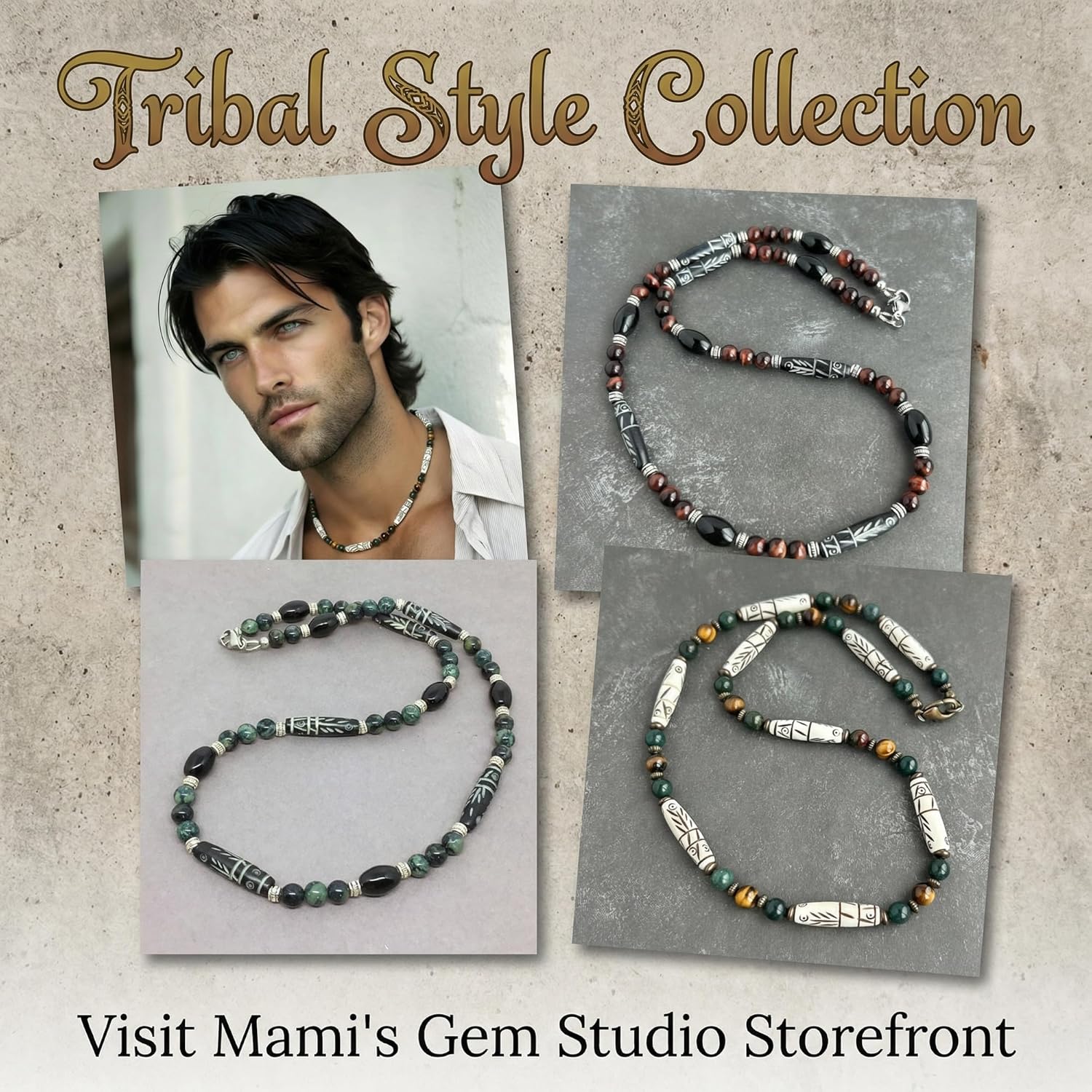 Mami's Gem Studio Mens Tribal Style Necklace, Beaded with Carved Bone, Black Onyx, and Gemstone - Handcrafted in USA