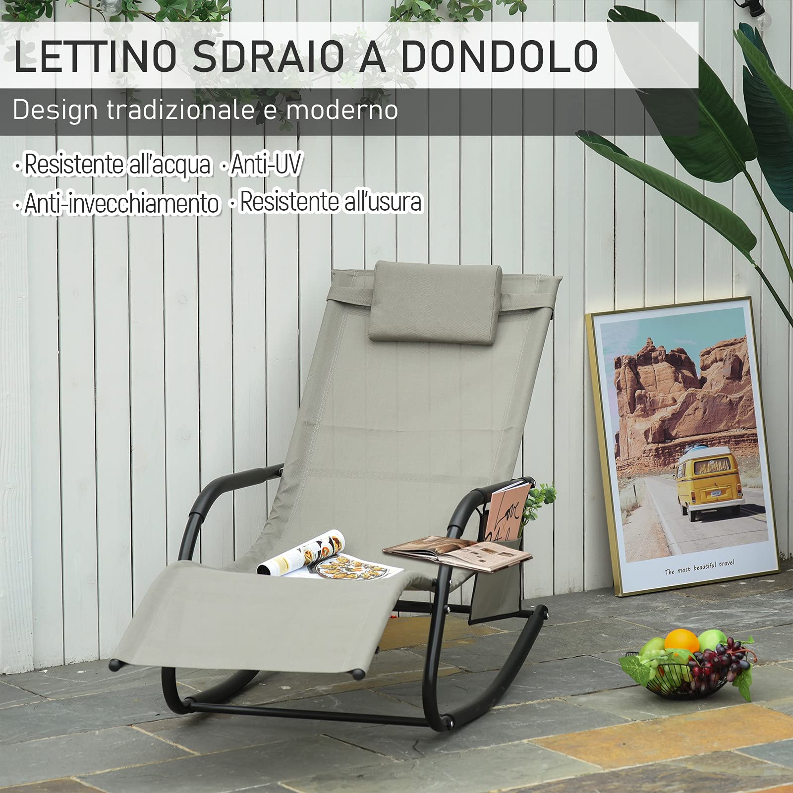 Outsunny Poltrona a Dondolo da Giardino, Lettino Sdraio da Esterno con Poggiatesta e Tasca Laterale, 150x62x88 cm, Nero e Grigio