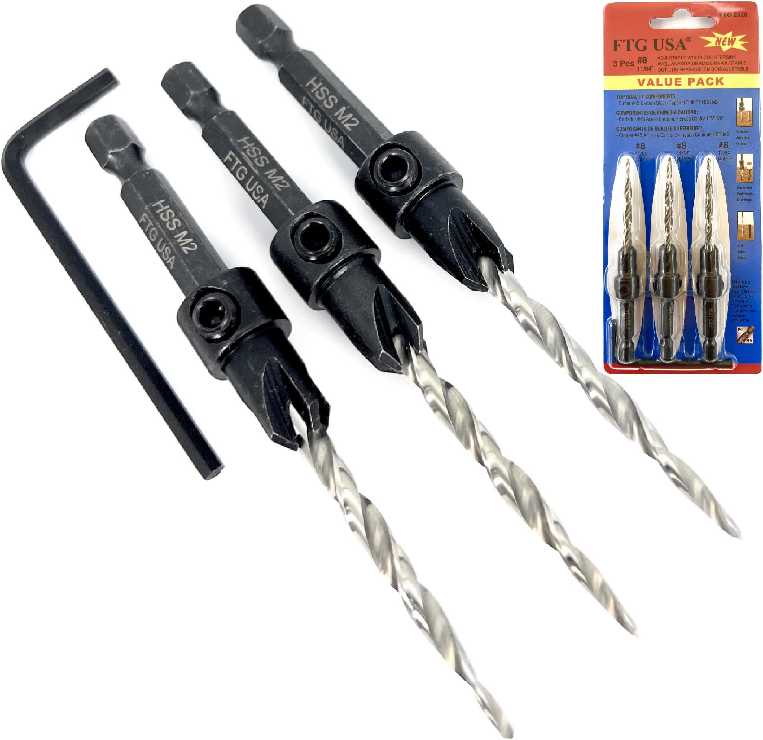 Countersink Drill Bit Set 3 Pc #8 (11/64") Wood Countersink Drill Bit Pack Same Size Set Countersink HSS M2 Tapered Countersink Bit, with 1 Hex Wrench, Woodworking Countersink Drill Bits