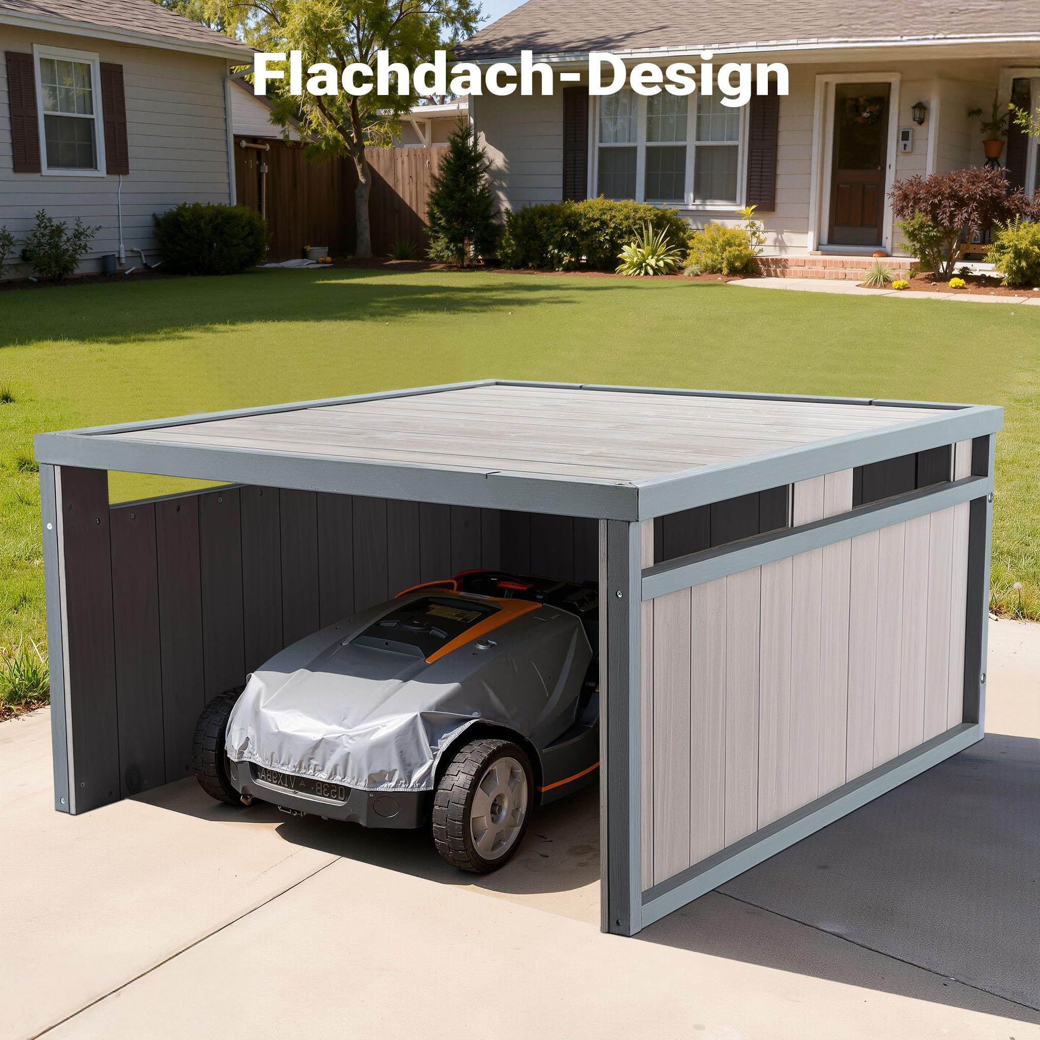 Wiltec Garage de Robot Tondeuse – 800 x 700 x 380 mm – Couleur Grise – en Bois Massif et avec Toit Plat – Abri Carport de Jardinage Tonte de Gazon