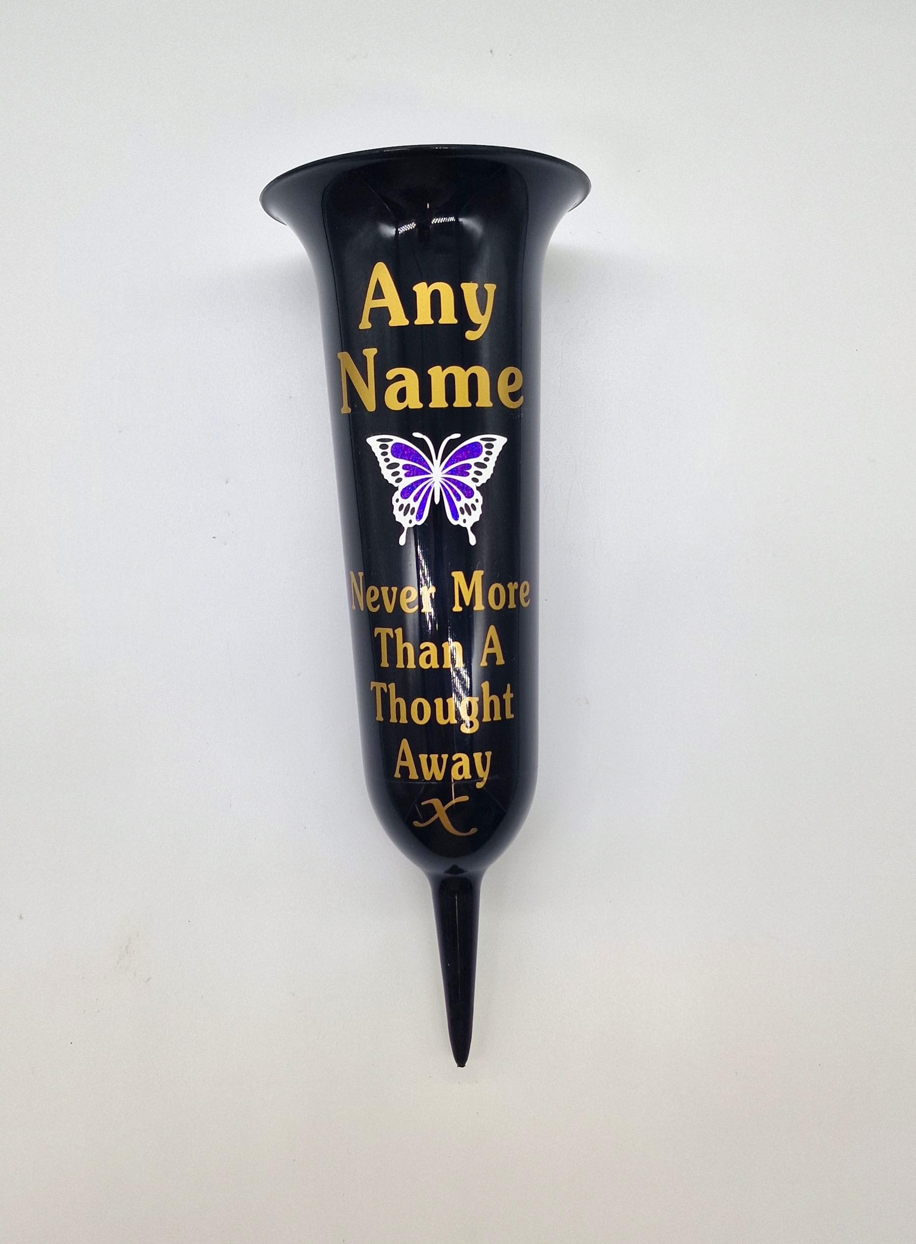 Personalised Memorial Grave Vase with Butterfly Design, Never More Than A Thought Away, Available (Black Glossy - Purple Butterfly - Gold Writing)