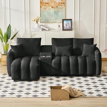 91.7" Modular Cloud Couch, L-Shaped Teddy Fabric Sectional with Power & USB Ports, Deep Seat 3-Seater Cloud Sofa with Storage Console & Cup Holders for Living Room, Bedroom, Apartment, Black