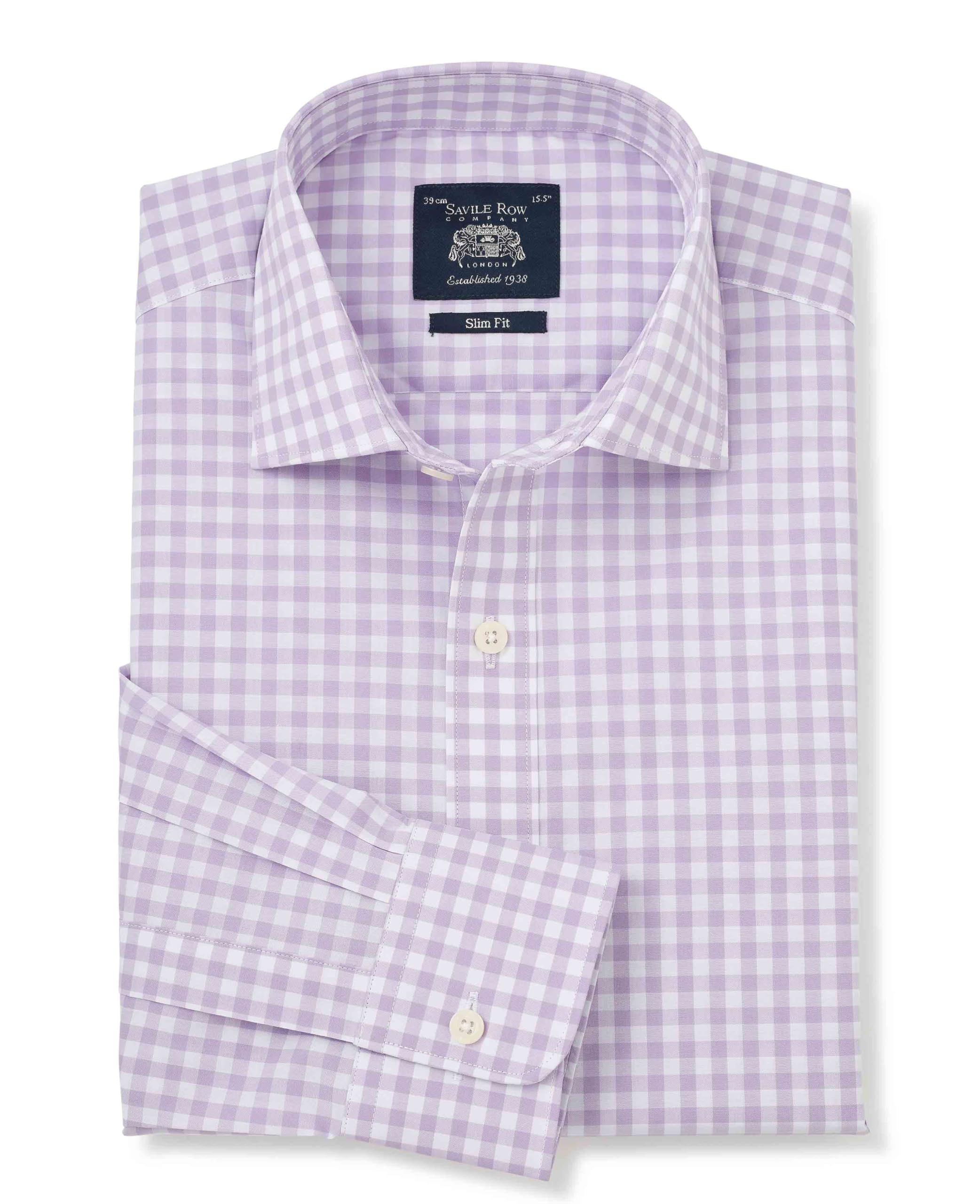 THE SAVILE ROW COMPANY LONDON Men's Slim Fit Cotton Poplin Single Cuff Formal Shirt - Lilac Gingham Check - 15.5" Collar