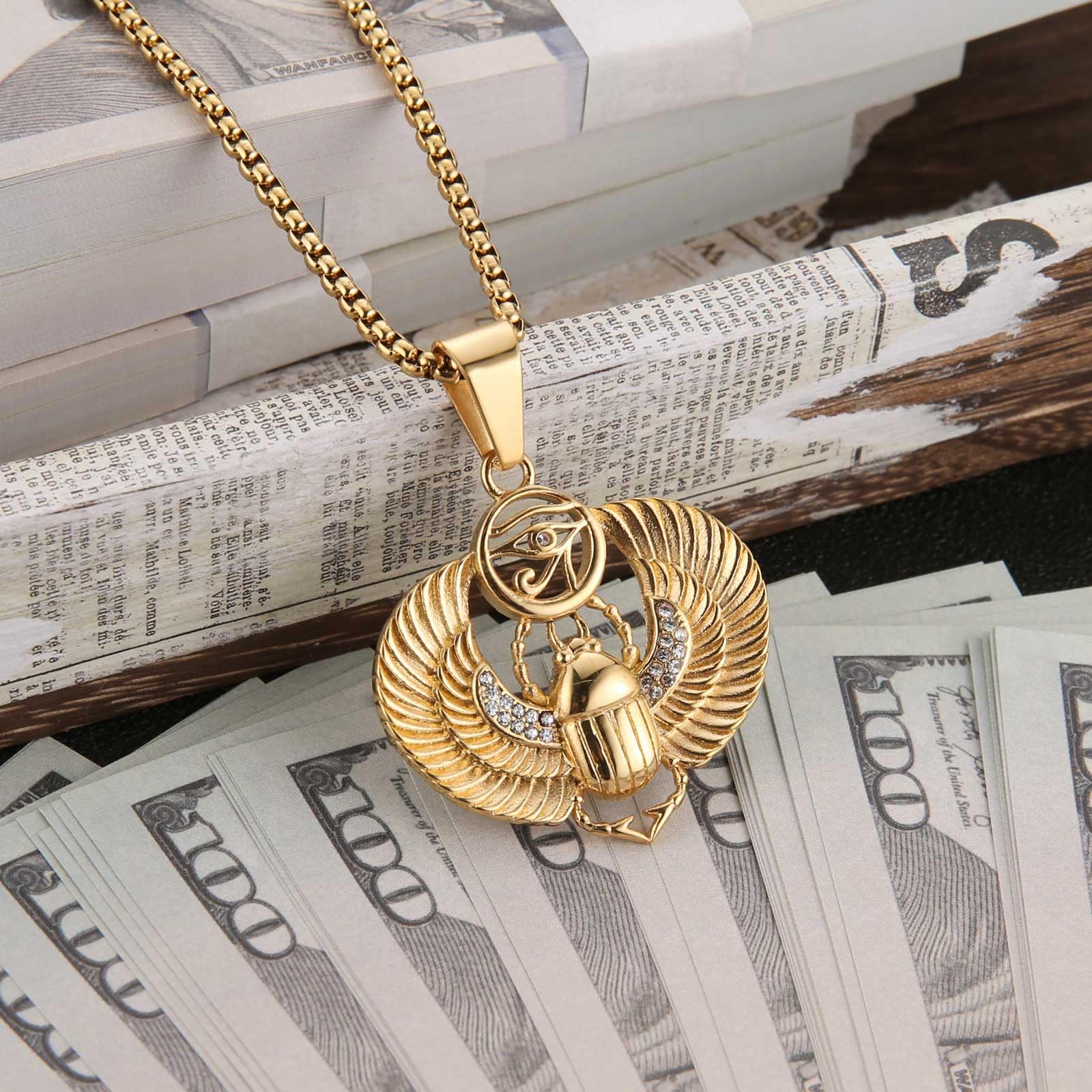 AsAlways Ciondolo a forma di scarabeo alato egiziano placcato oro 18 carati, in acciaio inox, con zircone cubico, occhio di Ra, hip-hop, amuleto, gioiello regalo