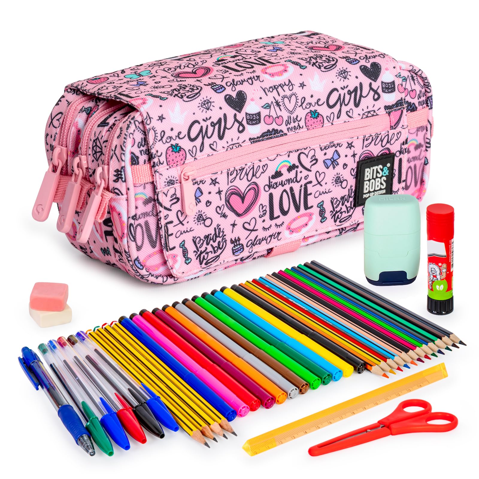 ColePack Design - Lote de Estuche Portatodo Triple con 3 Cremalleras y Material Escolar de Primeras Marcas Incluido (Sweet)