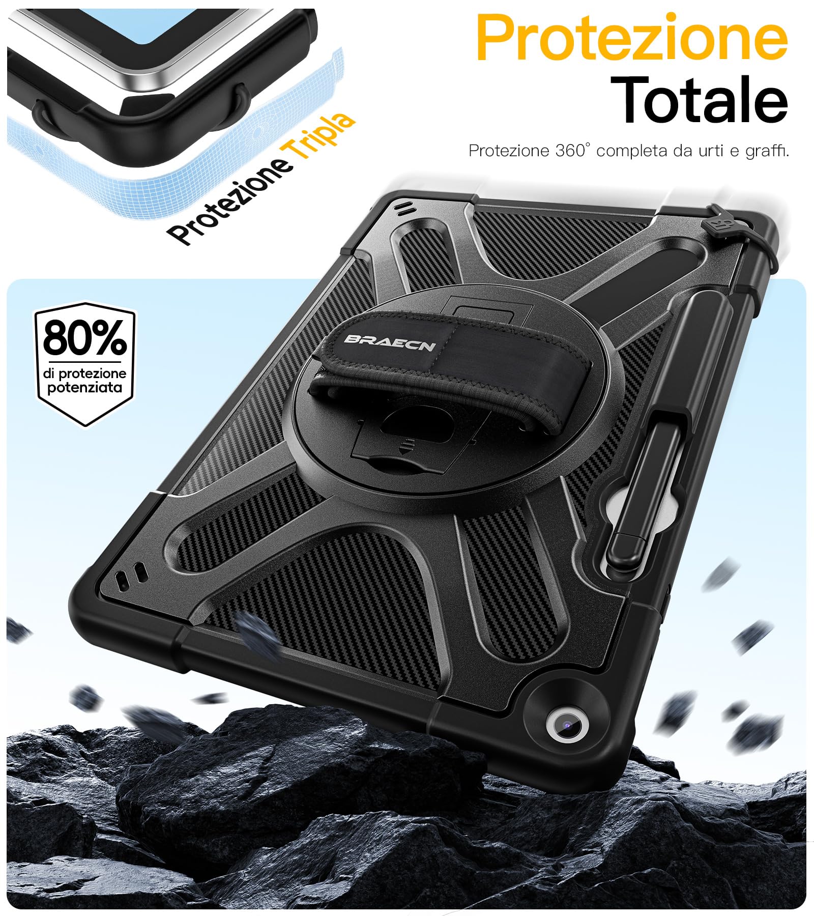 BRAECN Cover per Microsoft Surface Pro 12 Pollici 2025 | Antiurto Robusto Custodia con Supporto Girevole a 360°, Cinghia a Mano, Nero
