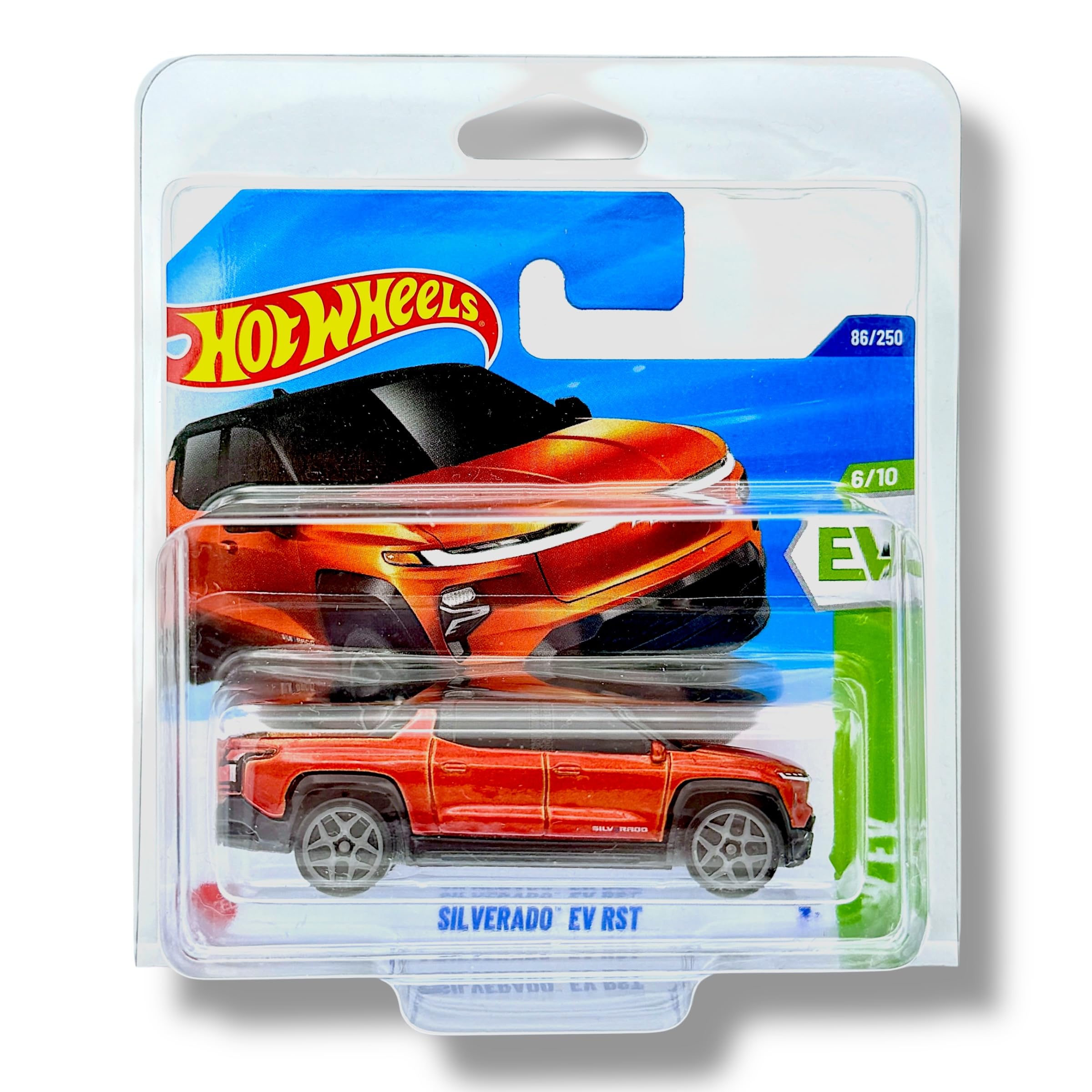Hot Wheels Silverado EV RST (Metallic Orange) 6/10 HW EV - 2025-86/250 (Short Card) - includes a KLAS Car Keeper Protector Case - JBB64