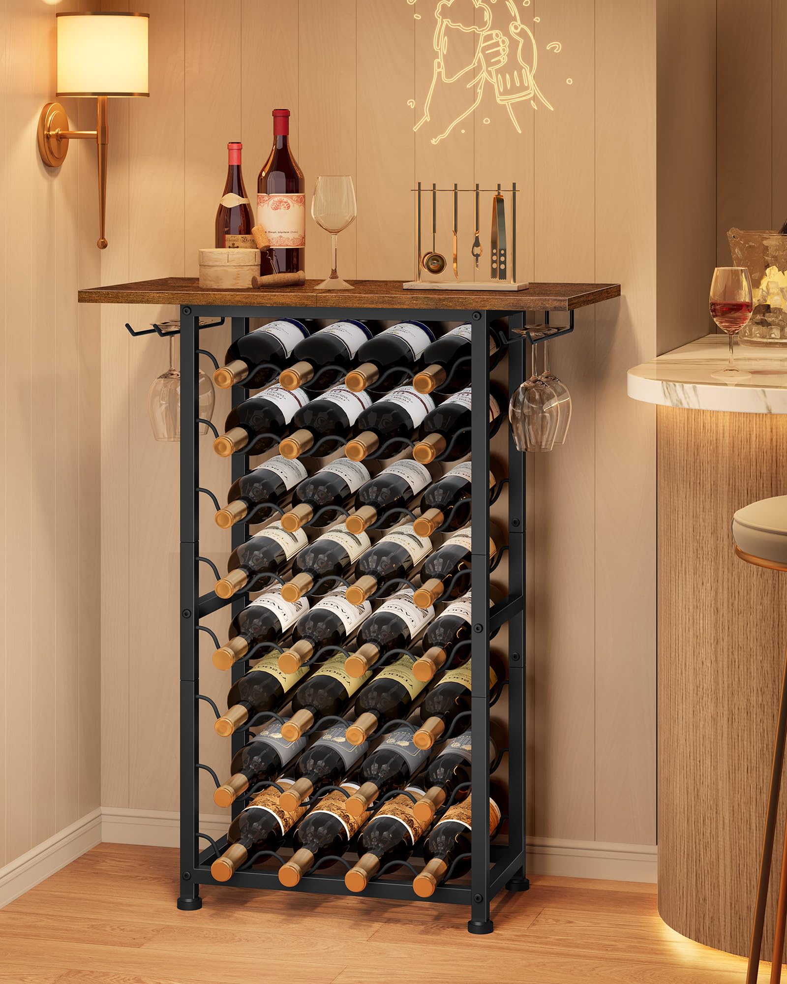 FAVOOSTY Weinregal für 32 Flaschen, Freistehend, aus Holz, Mehrstöckig, aus Eisen, für Zuhause, Restaurant und Bar Braun