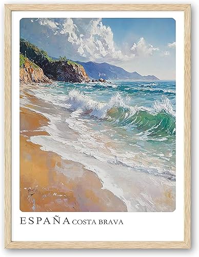 Sea - Arte de pared abstracto con marco de playa de madera de roble, arte de pared de 8 x 10 pulgadas, póster retro español de ciudad, impresión en