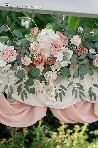 Miniatura 7 de BENCENTRE Guirnalda de eucalipto artificial con flores de rosa polvorienta, 9 pies, flores de arco de boda, centros de mesa de novia, decoración de