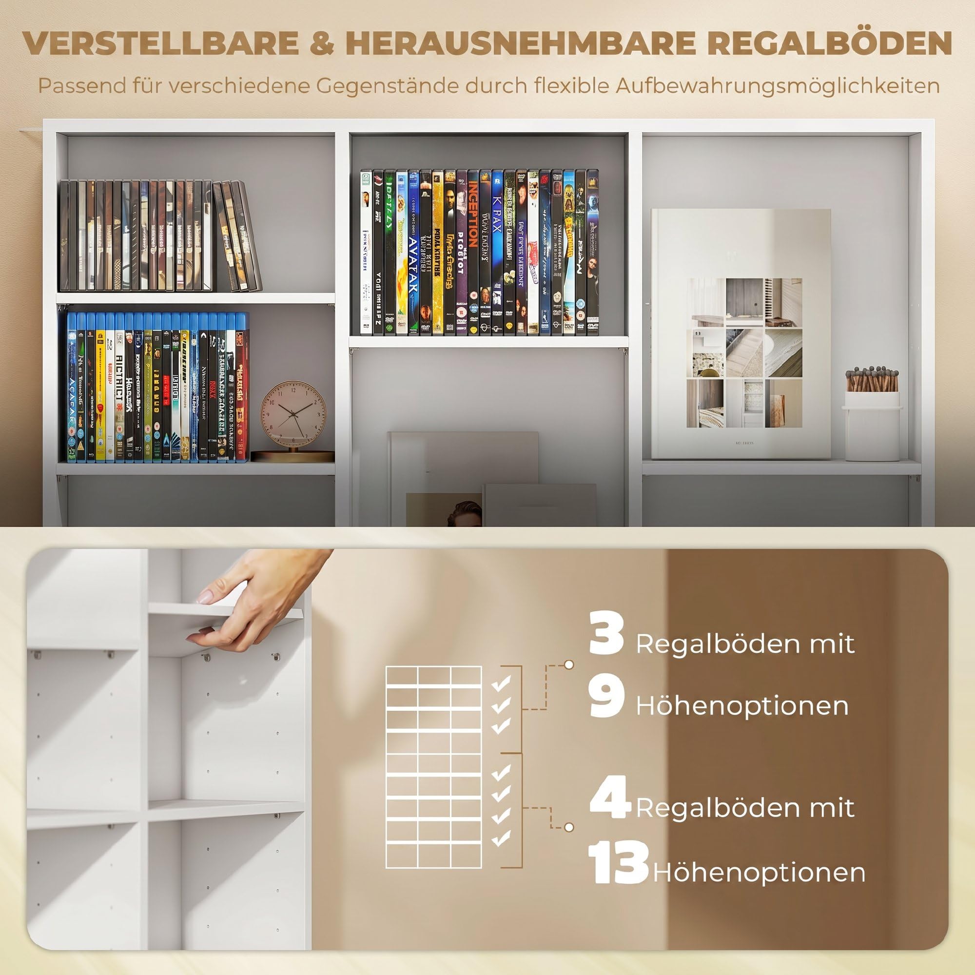 HOMCOM CD/DVD-Regal für 835 CDs oder 500 DVDs, Blu-ray Medienregal, Weiß | Mit 27 Fächern, 21 Verstellbaren Einlegeböden, CD Turm, für Wohn-, Schlaf- oder Arbeitszimmer