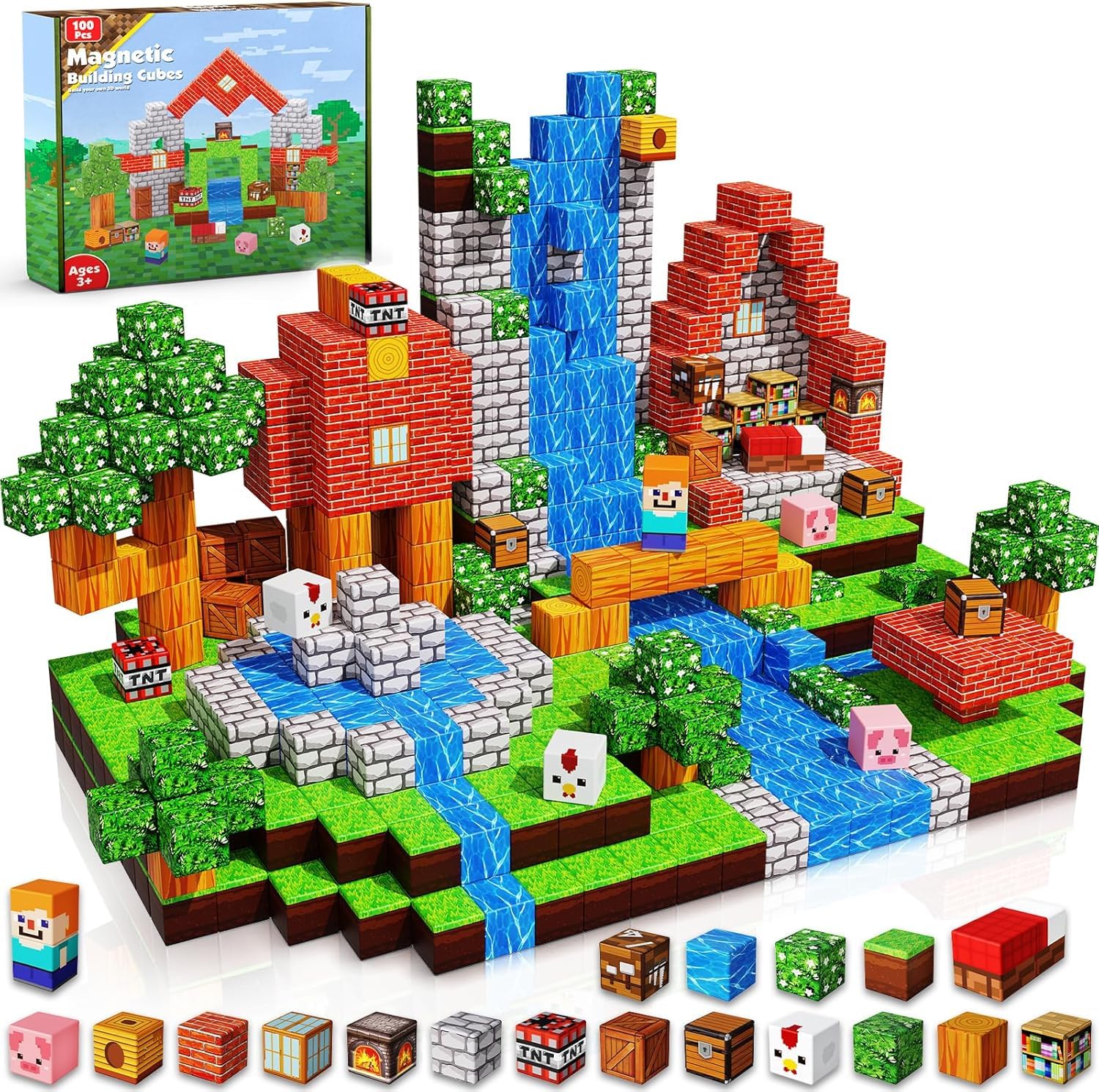 Magnetic Blocks Constructions Toys,100PCS Magnetic Building Blocks Tiles,Compatible with Minecraft Lego for Boys & Girls Age 3 4 5 6 7 8 9 10 STEM Stacking Toy, Brithdays Gifts for Toddlers