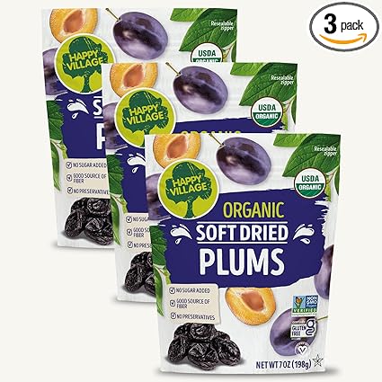 Happy Village Organic Soft Dried Plums 21 OZ (3 Packs of 7 OZ) – Soft & Juicy Prunes with No Refined Sugar, Organic, Non-GMO, Kosher, Gluten-Free