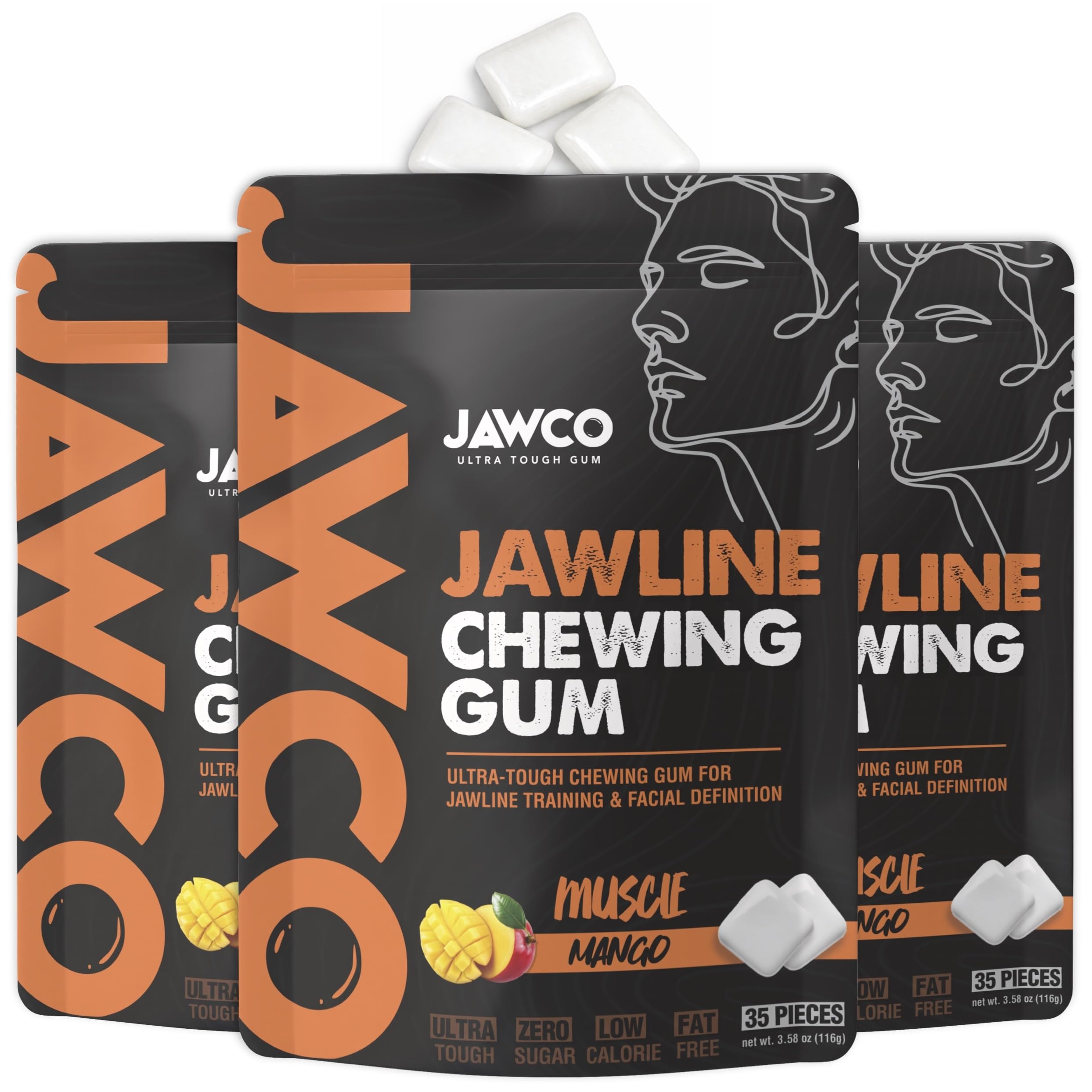 JAWCO Ultra-tough Jawline Chewing Gum | Get a Stronger, Squarer Jawline | Jaw Training Hard Gum | Chisel, Sculpt, Tone your Jaw | 15X Hardness | Facial Fitness Mewing Gum | Muscle Mango | 35 Pieces/Pack