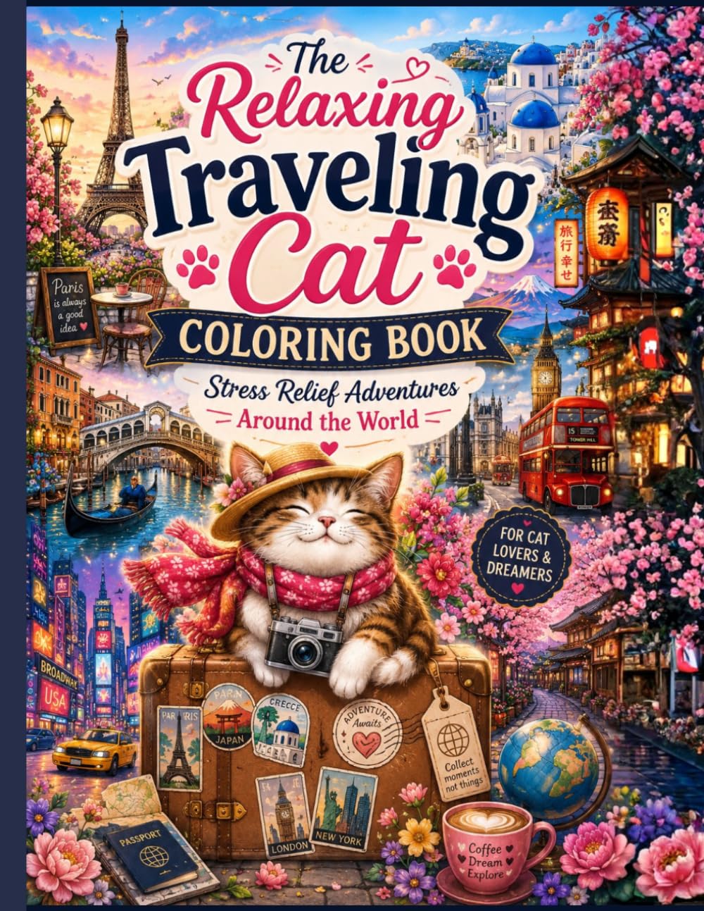 The Relaxing Traveling Cat Coloring Book: Stress Relief Adventures Around the World