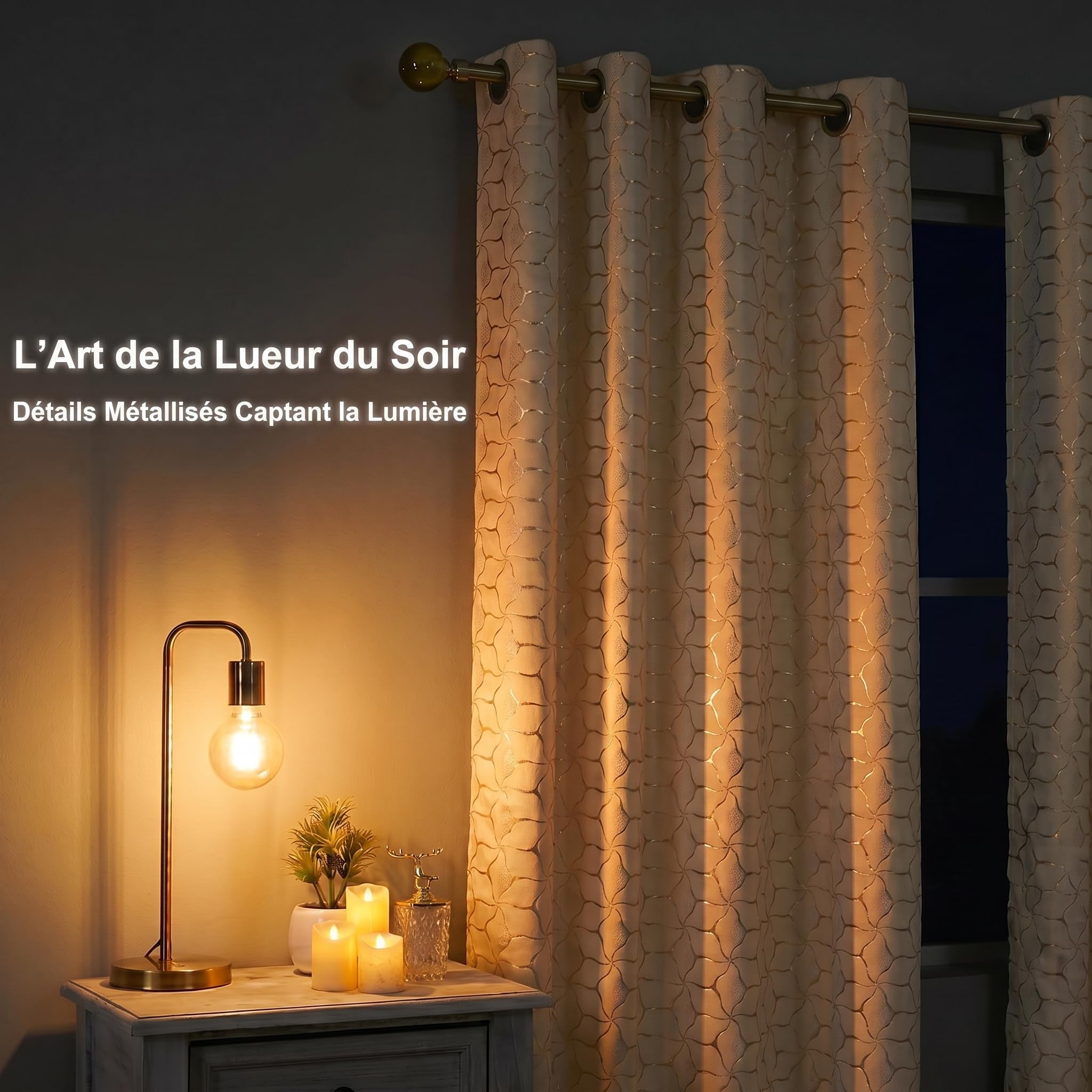 Lot de 2 Rideaux crème doré à Motif géométrique, H260 x l140 cm, Velours Doux, Rideaux obscurcissants 75-80%, œillets métal 4 cm, Salon Chambre Bureau