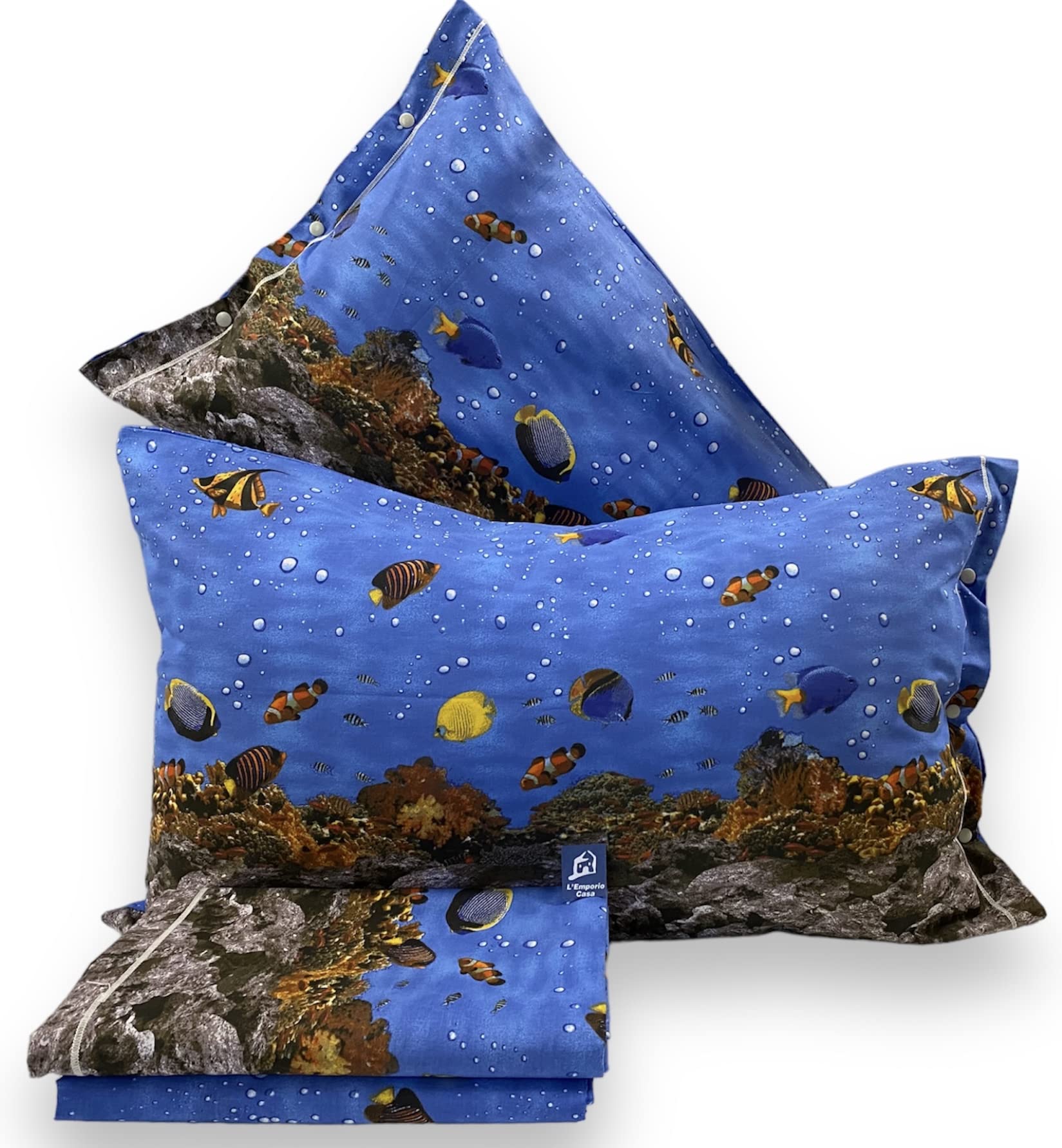 L'Emporio Casa Set Lenzuola Completo di Cotone 100% Italiano Tramonto Coralli Stelle Luna Pesci Varie Misure (Singolo, Pesci)