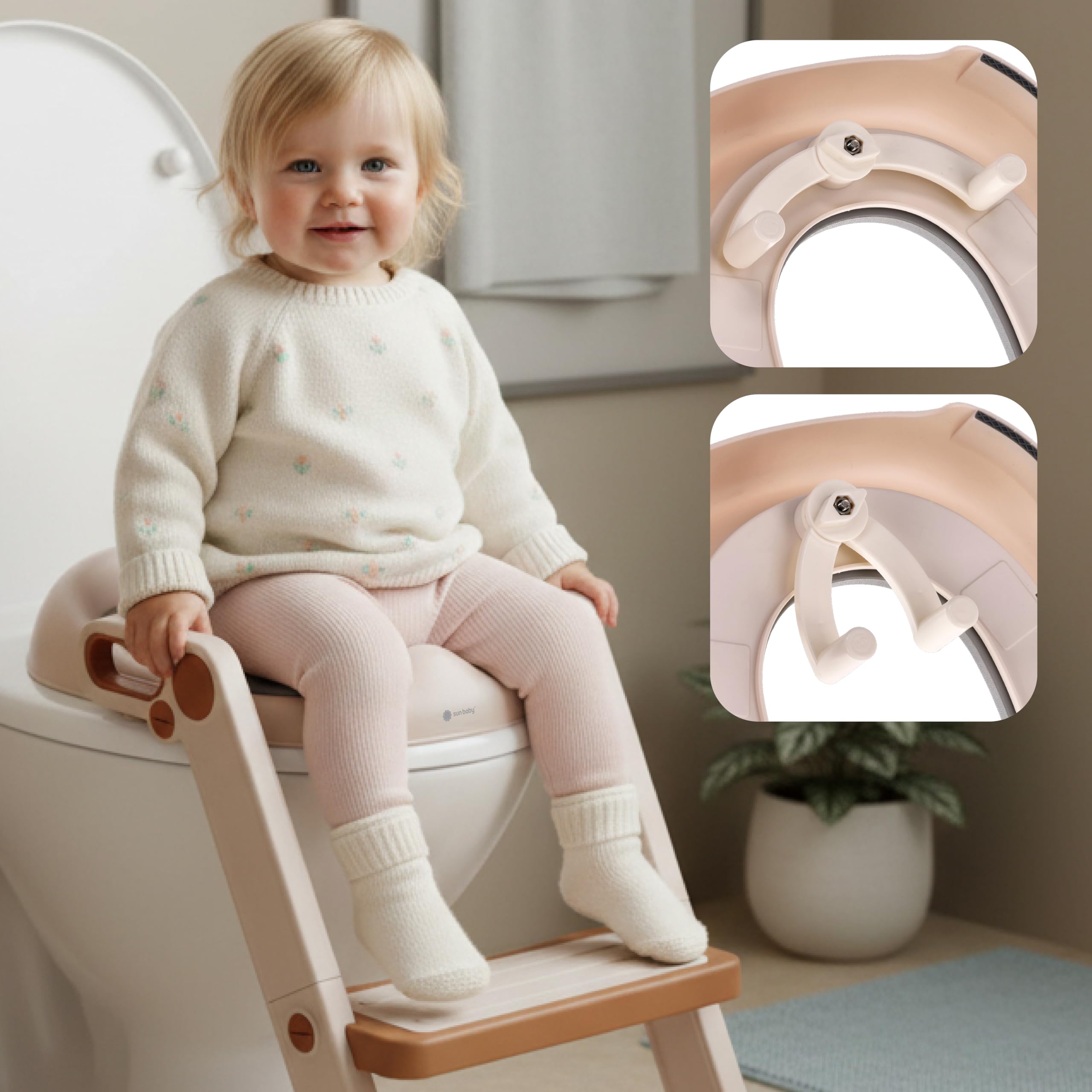 sun baby Nakładka na sedes z drabinką dla dzieci - 18-36 miesięcy, do 15 kg - antypoślizgowa, z uchwytami, 3-stopniowa regulacja (51-58 cm), 2-stopniowa drabinka, deska sedesowa - Biało-Złota