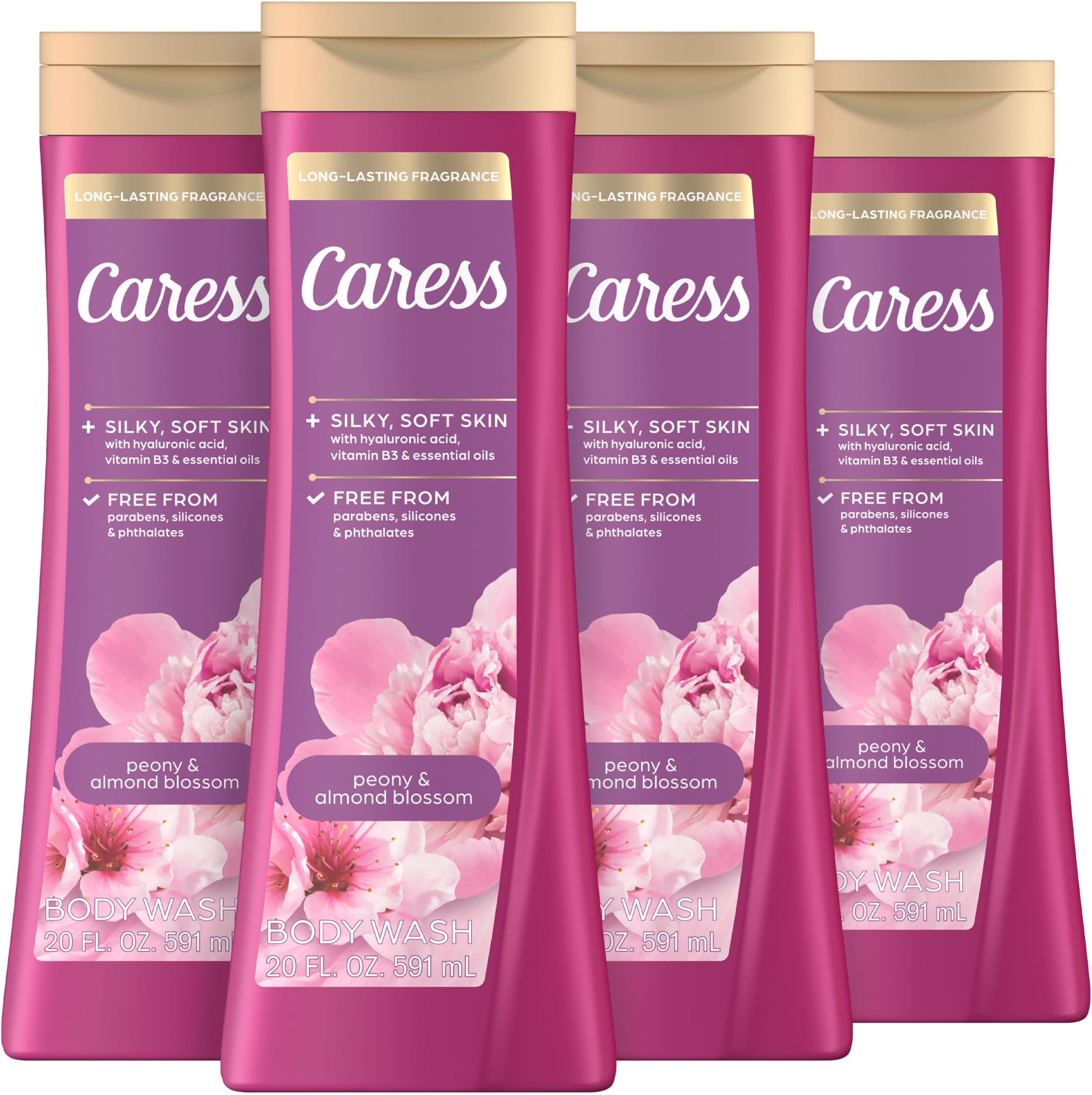 Caress Peony & Almond Blossom Body Wash, Hyaluronic Acid & Vitamin B3 for Moisturized, Silky Soft Skin, Long-Lasting Floral Bouquet Fragrance, 20 fl oz (4 Pack)