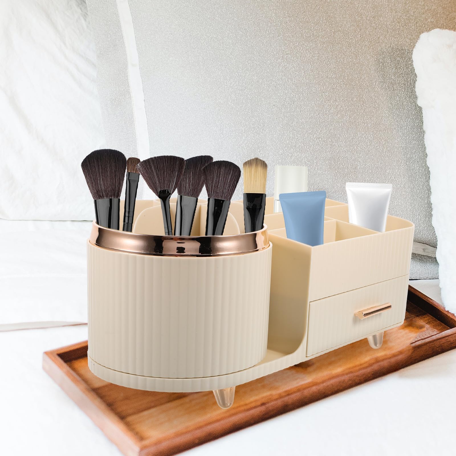 Soporte giratorio para brochas de maquillaje, organizador de maquillaje con compartimentos y práctico cajón, plástico beige, diseño elegante y elegante para almacenamiento de encimera de