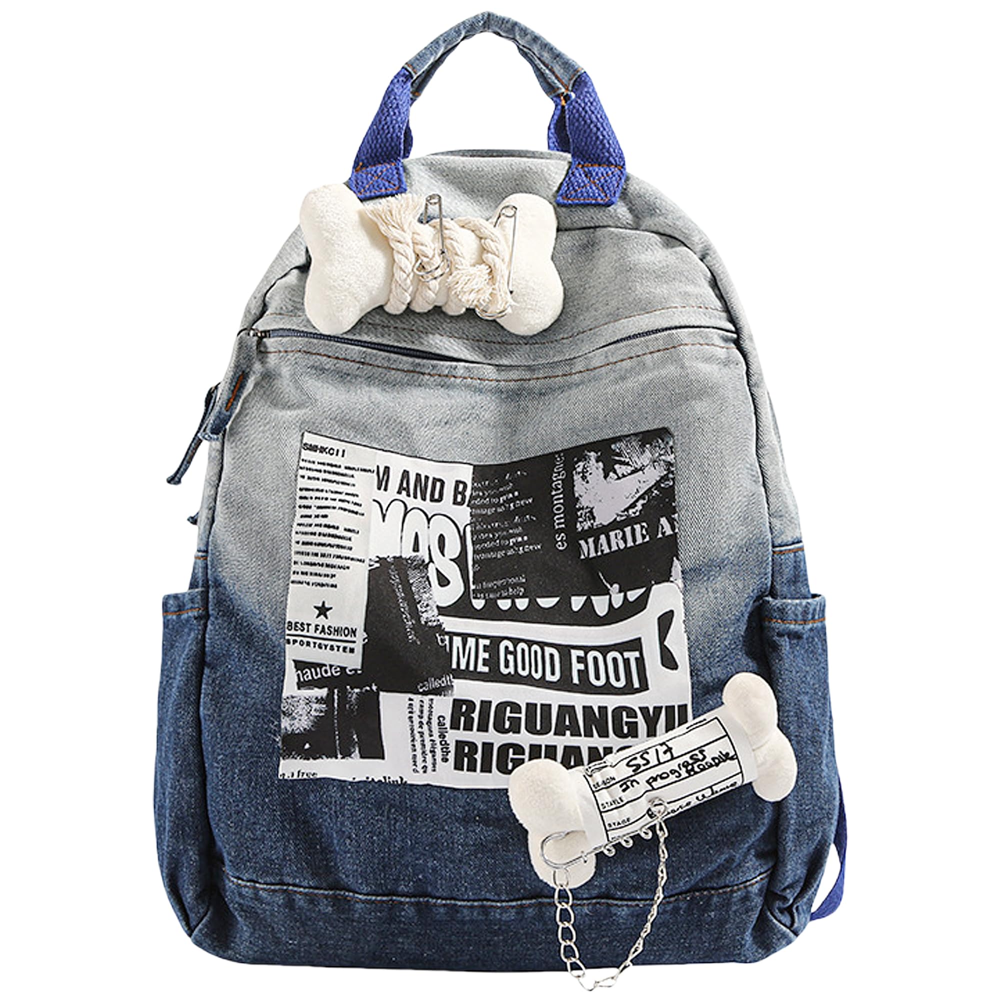 UINSUE Y2K Backpack Punk Style Gradient Water Washed Denim Daypack Large Capacity Bone Charm Trendy Patchwork Casual Rucksack 16L (Blue)