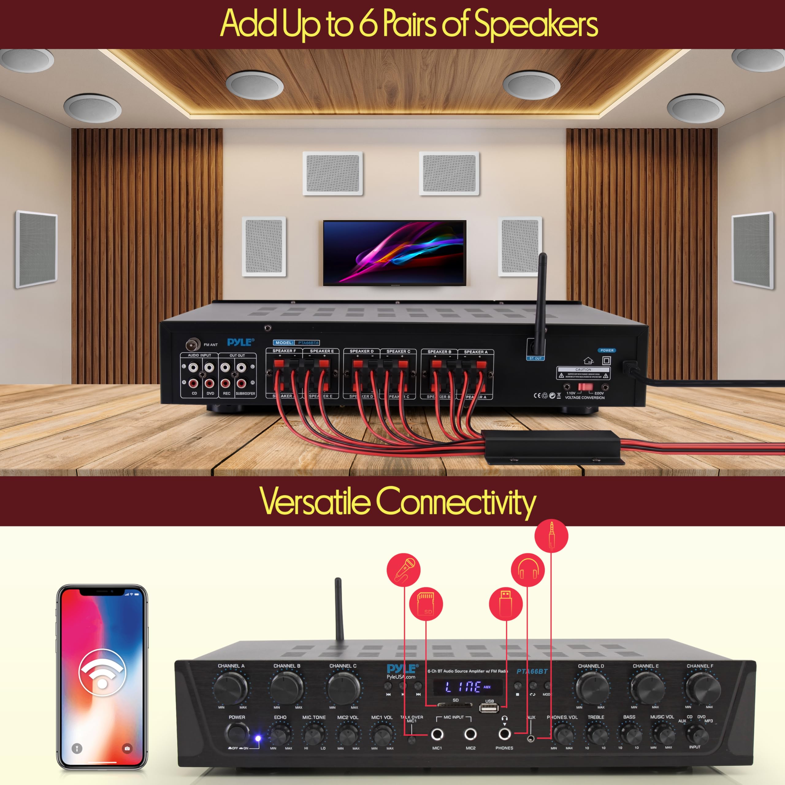 Pyle Wireless Home Audio Amplifier System - Bluetooth Compatible 6 Channel Stereo Receiver, 600W Max Power, Simple Karaoke with Dual Mic Inputs with Tone Control, PA with Talk Over - PTA66BT.6 — Amazon image 5