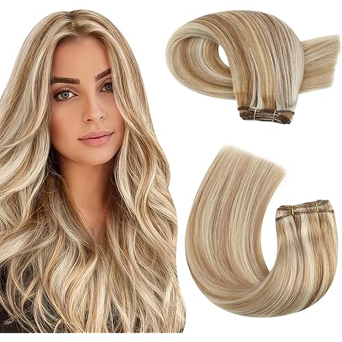 Moresoo Sew in Hair Extensions Real Human Hair Blonde Highlights Remy Human Hair Weft Extensions Medium Brown with Blonde Sew in Weft Hair Extensions Human Hair 100g 18 Inch