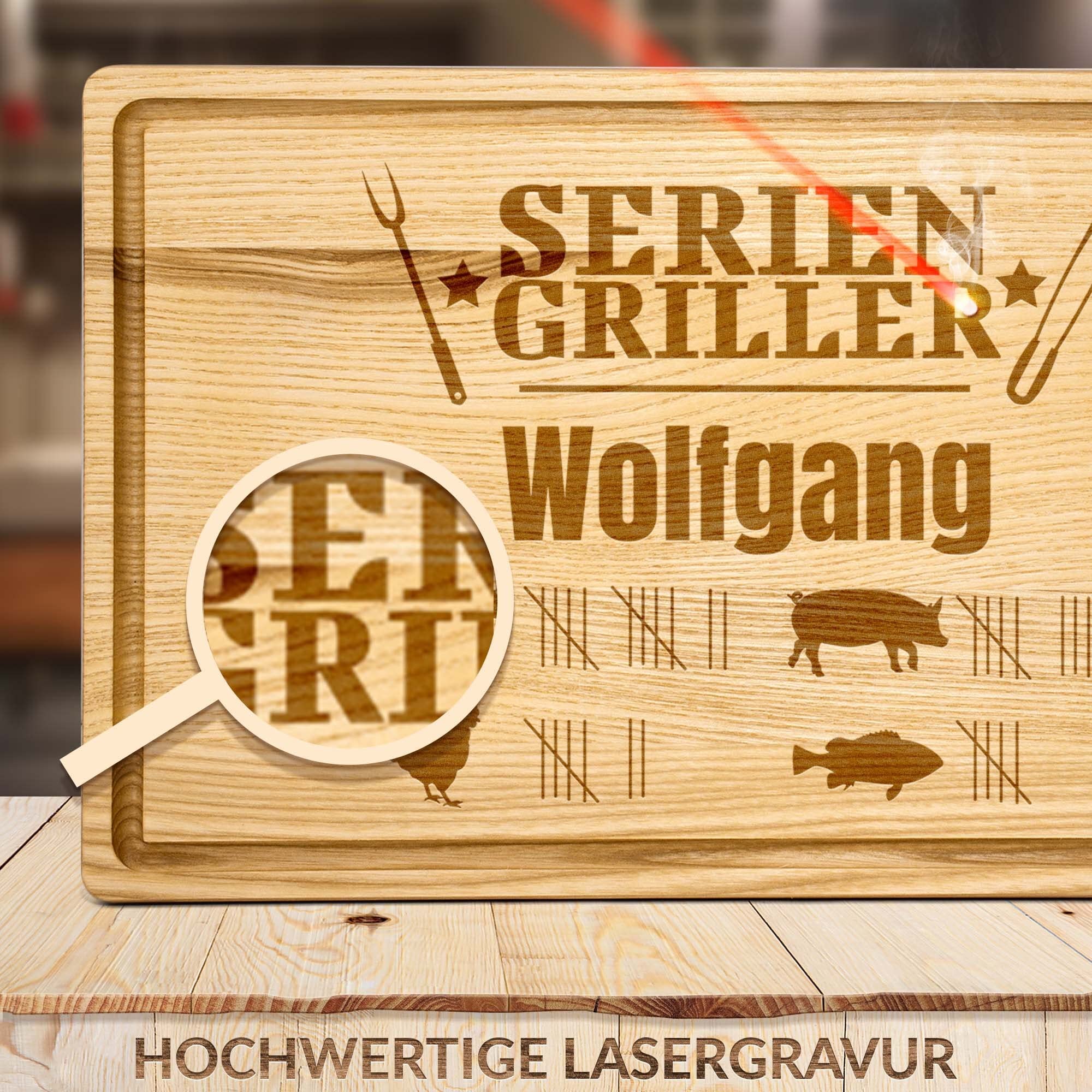 PR Print Royal Großes Holzbrett mit Gravur - Schneidebrett personalisiert mit Name - Seriengriller - Geschenke für Grillfans zum Geburtstag | Eschenholz, 40 x 25 x 2 cm, personalisiertes Geschenk